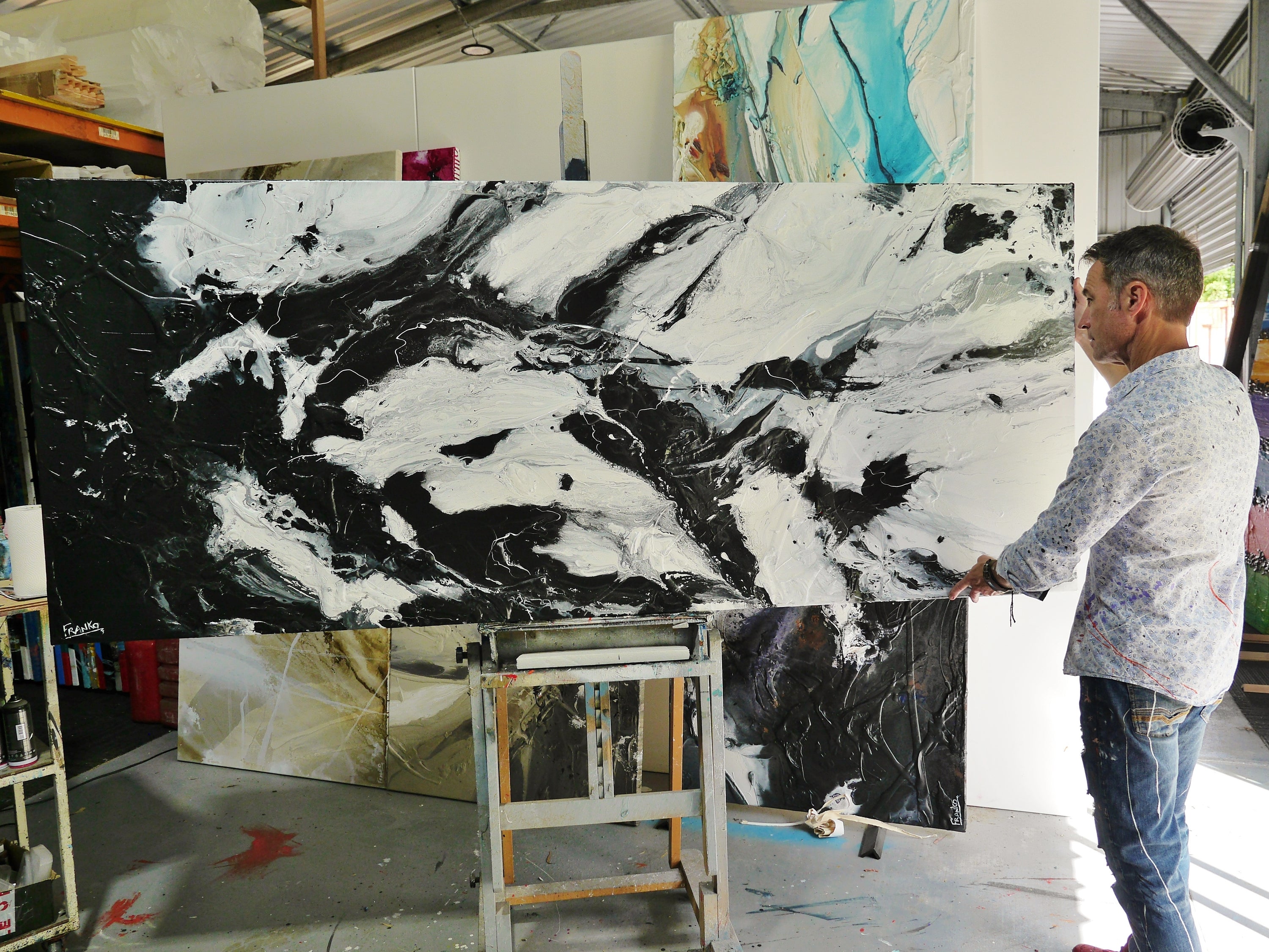 Sugar 240cm x 100cm Black and White Textured Abstract Painting (SOLD)-Abstract-[Franko_Artist]-[The_Block]-[Dream_Homes]-[ideas]- [Grand_Designs]-Franklin Art Studio
