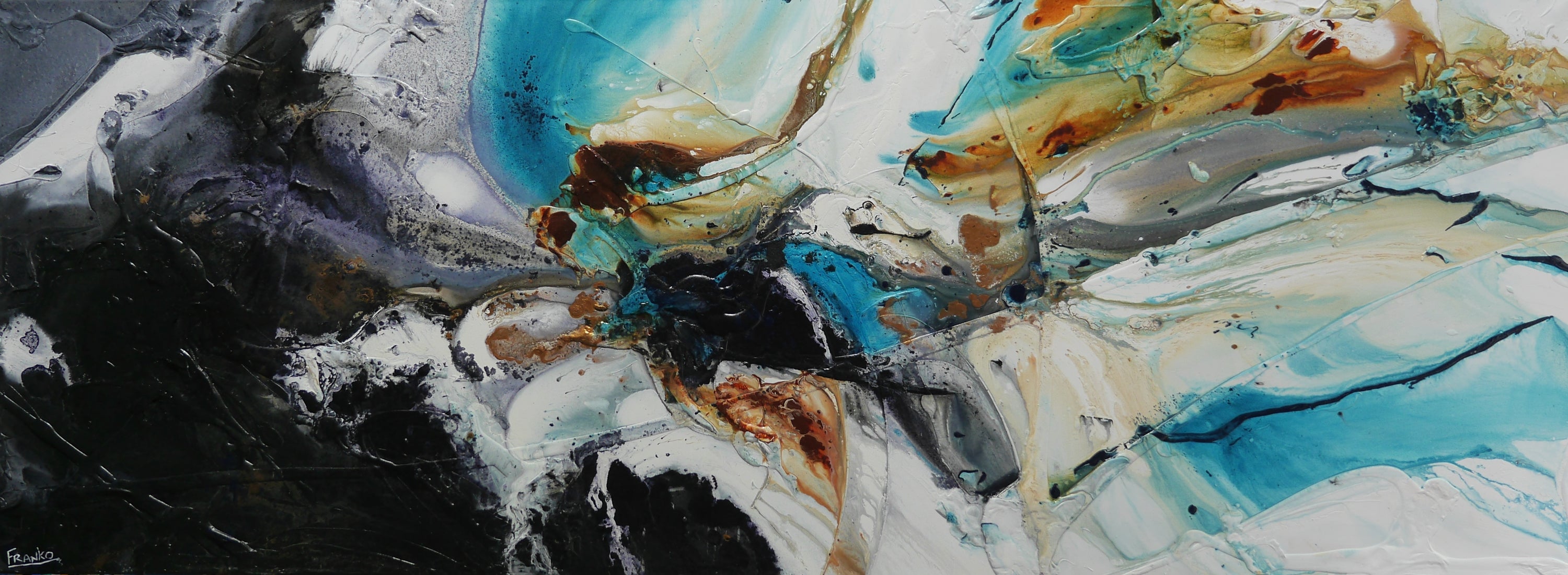 Aqua Evolution 270cm x 100cm Black White Teal Bronze Textured Abstract Painting (SOLD)-Abstract-[Franko_Artist]-[Australian_artist]-[Gold_Coast]-[Brisbane]-[modern]-[contemporary]-[original]-[Large_artwork]-Franklin Art Studio