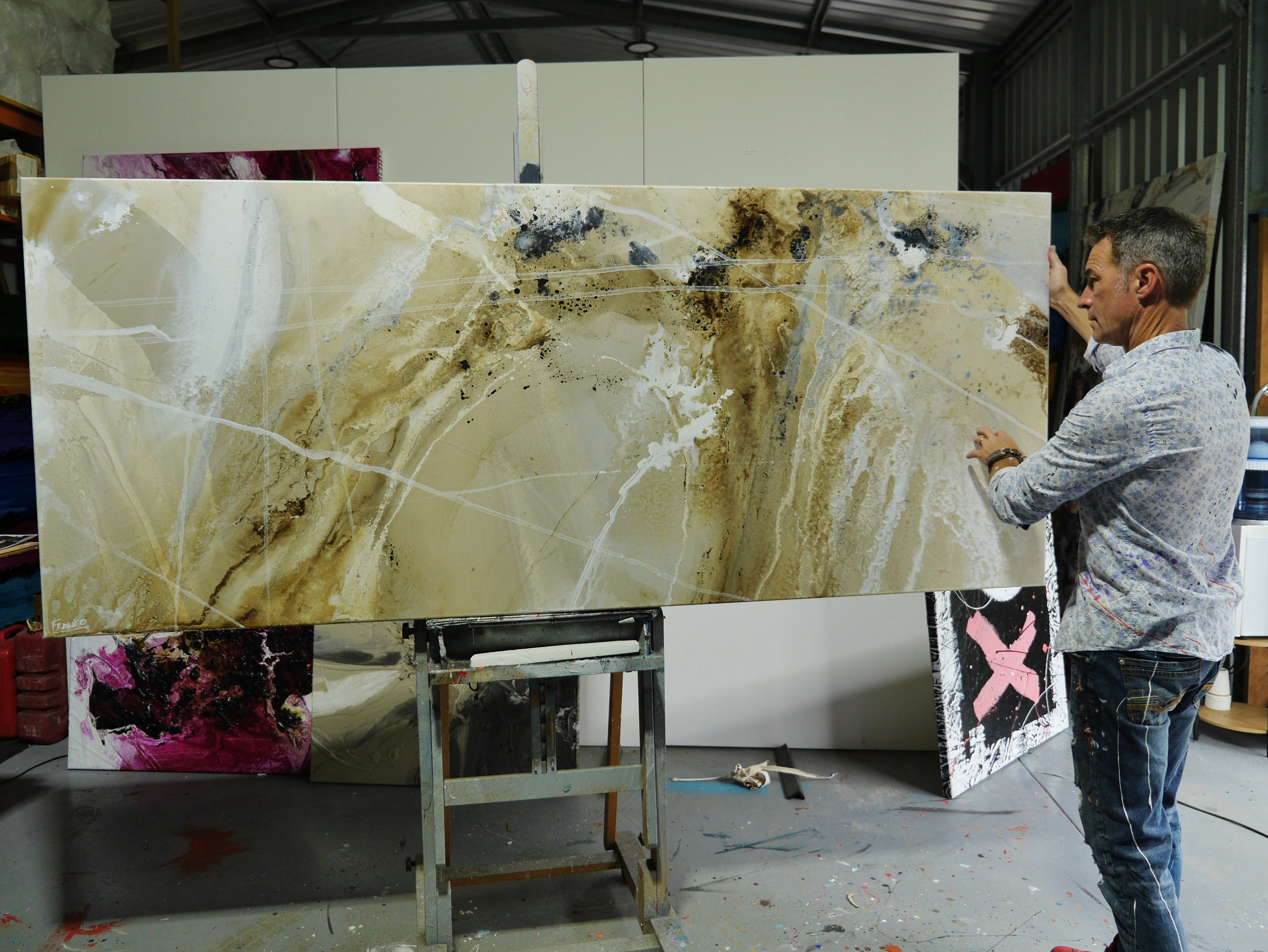 Refined 425 240cm x 100cm Malt Ochre Cream White Blended Abstract Painting (SOLD)-Abstract-[Franko_Artist]-[The_Block]-[Dream_Homes]-[ideas]- [Grand_Designs]-Franklin Art Studio