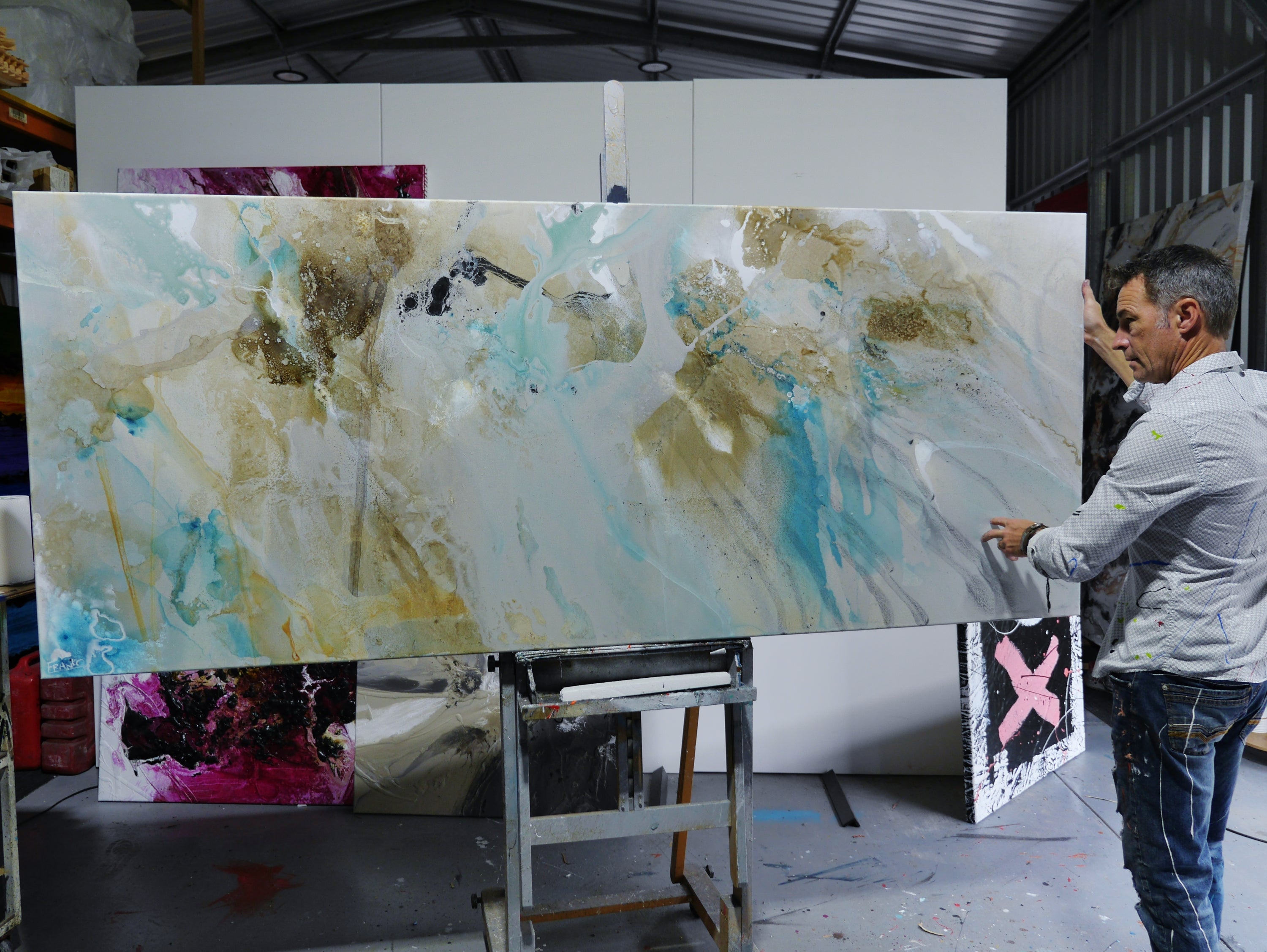 Refined 893 240cm x 100cm Teal Rust Cream White Blended Abstract Painting (SOLD)-Abstract-[Franko_Artist]-[The_Block]-[Dream_Homes]-[ideas]- [Grand_Designs]-Franklin Art Studio
