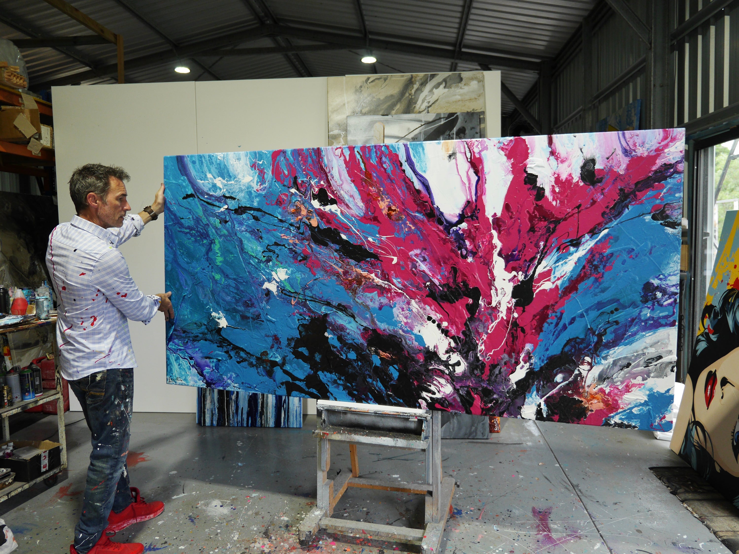 Bloom 240cm x 120cm Blue Pink Textured Abstract Painting (SOLD)-Abstract-[Franko_Artist]-[The_Block]-[Dream_Homes]-[ideas]- [Grand_Designs]-Franklin Art Studio