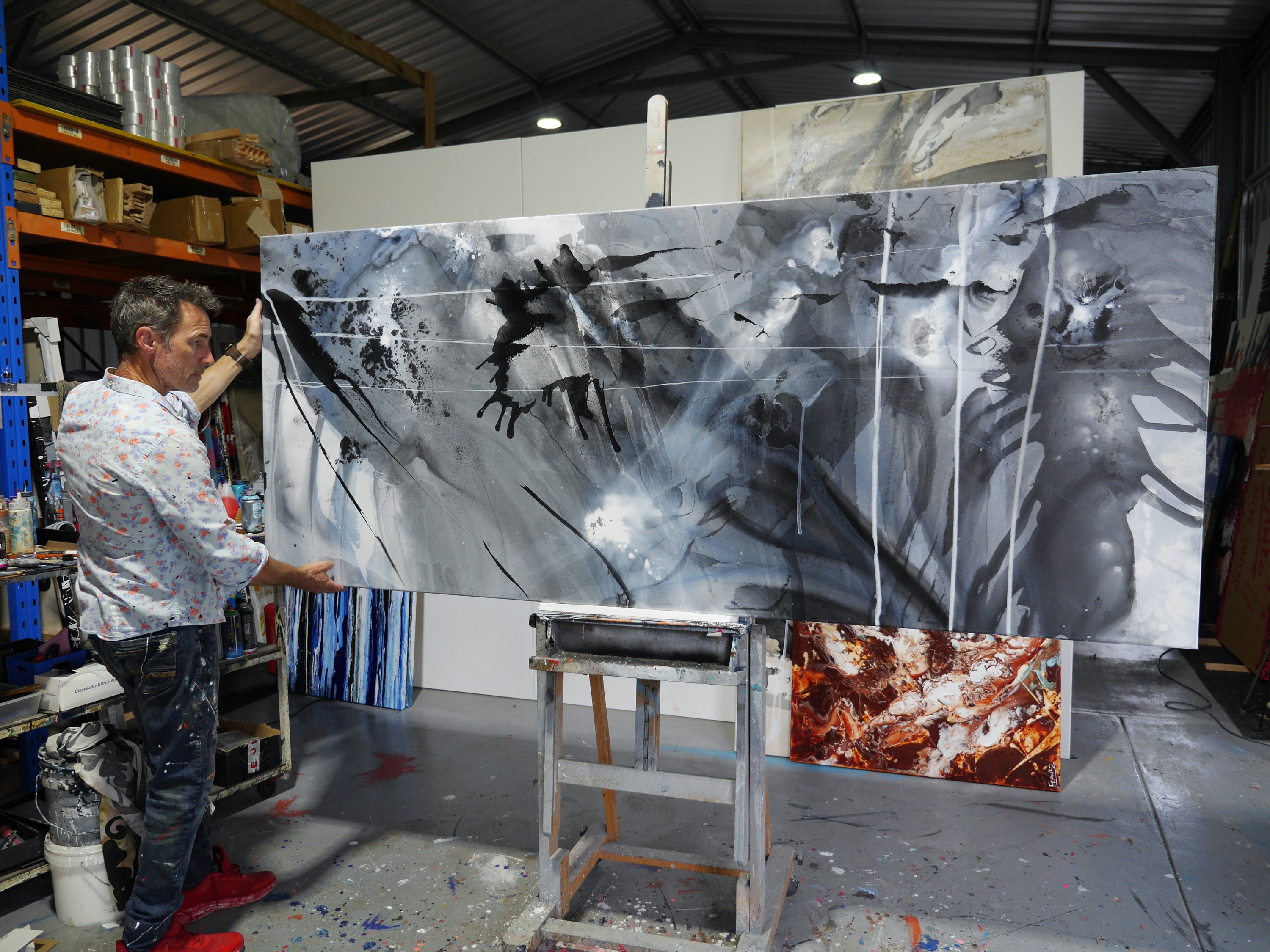 Refined 777 240cm x 100cm Greyscale Blended Ink Abstract Painting (SOLD)-Abstract-[Franko_Artist]-[The_Block]-[Dream_Homes]-[ideas]- [Grand_Designs]-Franklin Art Studio