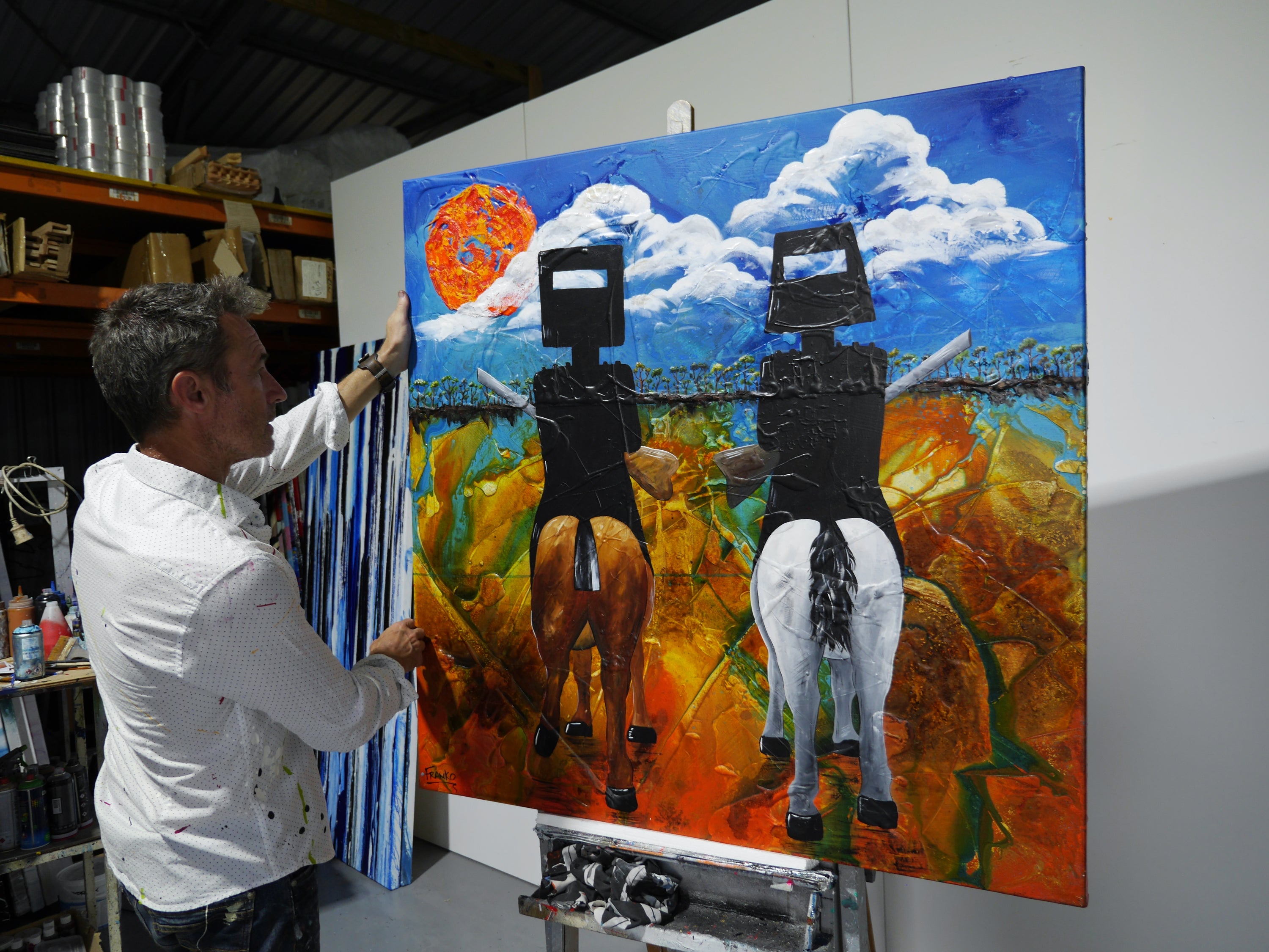 Brothers in the Bush 120cm x 120cm Ned Kelly Abstract Realism Textured Painting (SOLD)-people-[Franko_Artist]-[The_Block]-[Dream_Homes]-[ideas]- [Grand_Designs]-Franklin Art Studio