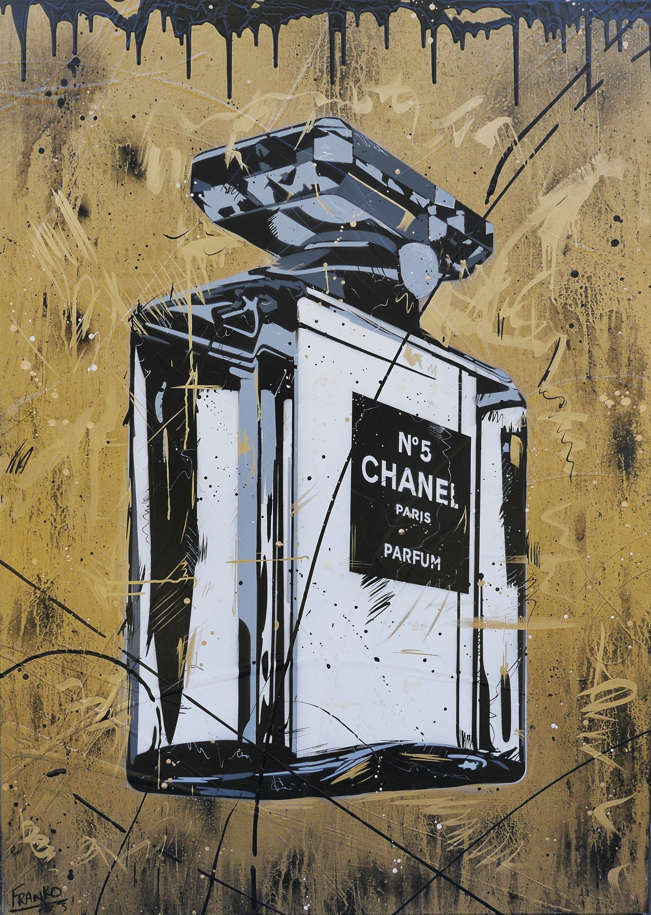 Rolled Gold 140cm x 100cm Metallic Gold Perfume Bottle Textured Urban Pop Art Painting (SOLD)-Urban Pop Art-[Franko_Artist]-[Australian_artist]-[Gold_Coast]-[Brisbane]-[modern]-[contemporary]-[original]-[Large_artwork]-Franklin Art Studio