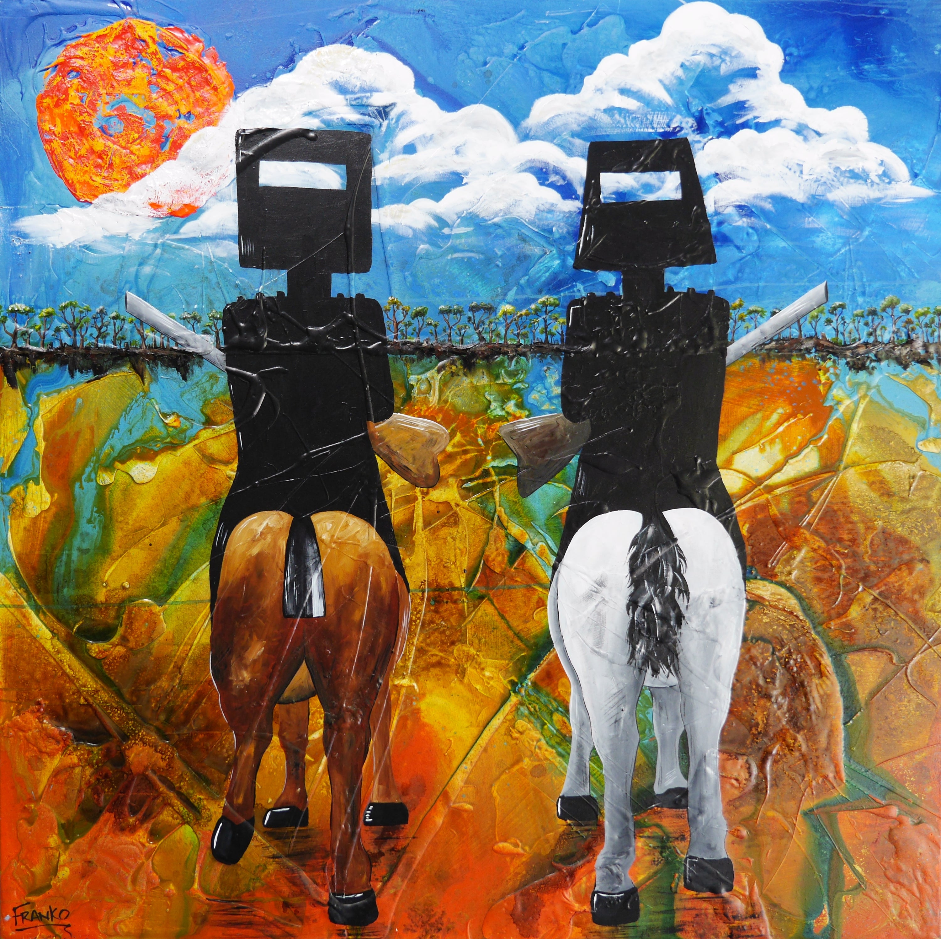 Brothers in the Bush 120cm x 120cm Ned Kelly Abstract Realism Textured Painting (SOLD)-people-[Franko_Artist]-[Australian_artist]-[Gold_Coast]-[Brisbane]-[modern]-[contemporary]-[original]-[Large_artwork]-Franklin Art Studio