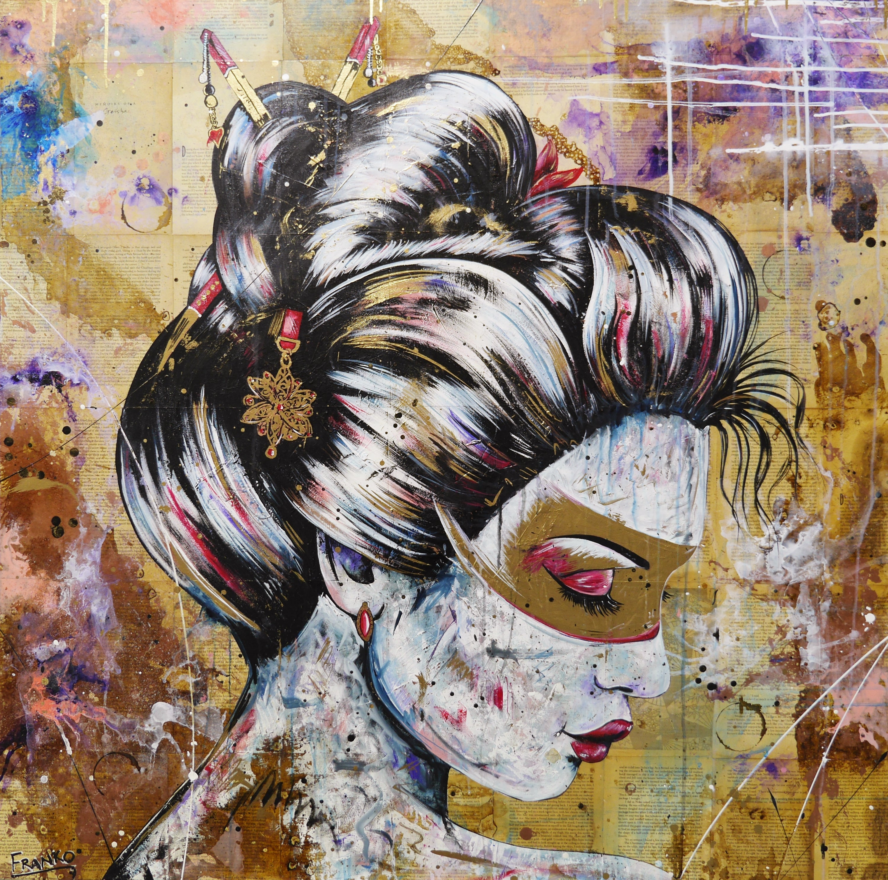 Heiwa 120cm x 120cm Geisha Abstract Realism Book Club Painting (SOLD)-book club-[Franko_Artist]-[Australian_artist]-[Gold_Coast]-[Brisbane]-[modern]-[contemporary]-[original]-[Large_artwork]-Franklin Art Studio