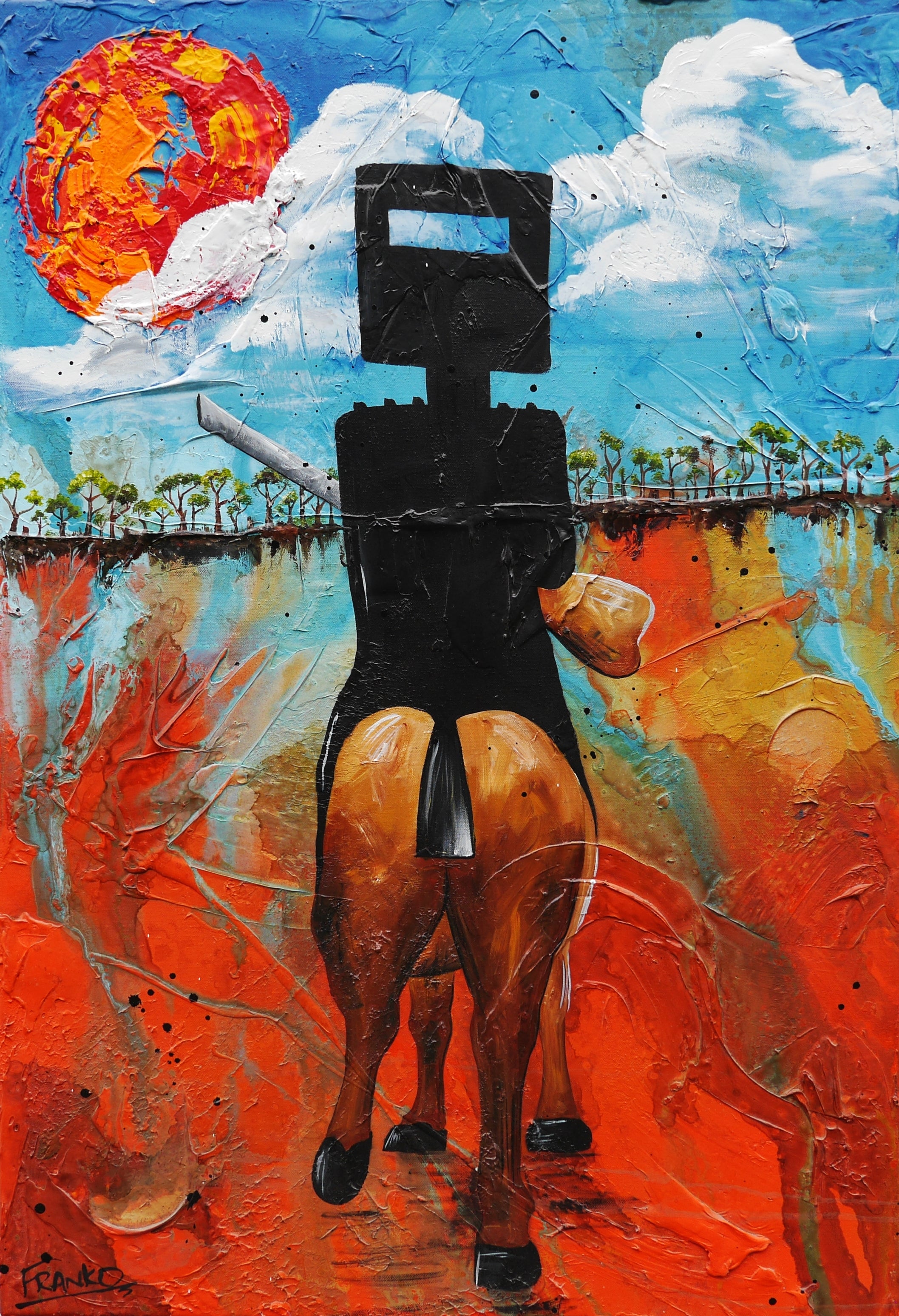Outback Ned 67cm x 97cm Ned Kelly Abstract Realism Textured Painting (SOLD)-people-[Franko_Artist]-[Australian_artist]-[Gold_Coast]-[Brisbane]-[modern]-[contemporary]-[original]-[Large_artwork]-Franklin Art Studio