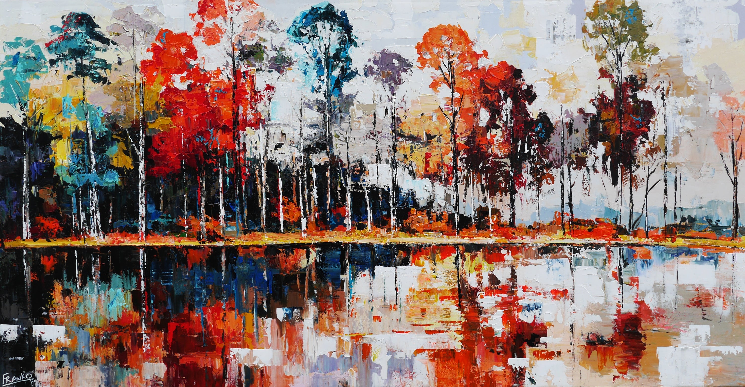 Lakeside 190cm x 100cm Abstract Realism Framed Textured Painting (SOLD)-Landscape-[Franko_Artist]-[Australian_artist]-[Gold_Coast]-[Brisbane]-[modern]-[contemporary]-[original]-[Large_artwork]-Franklin Art Studio