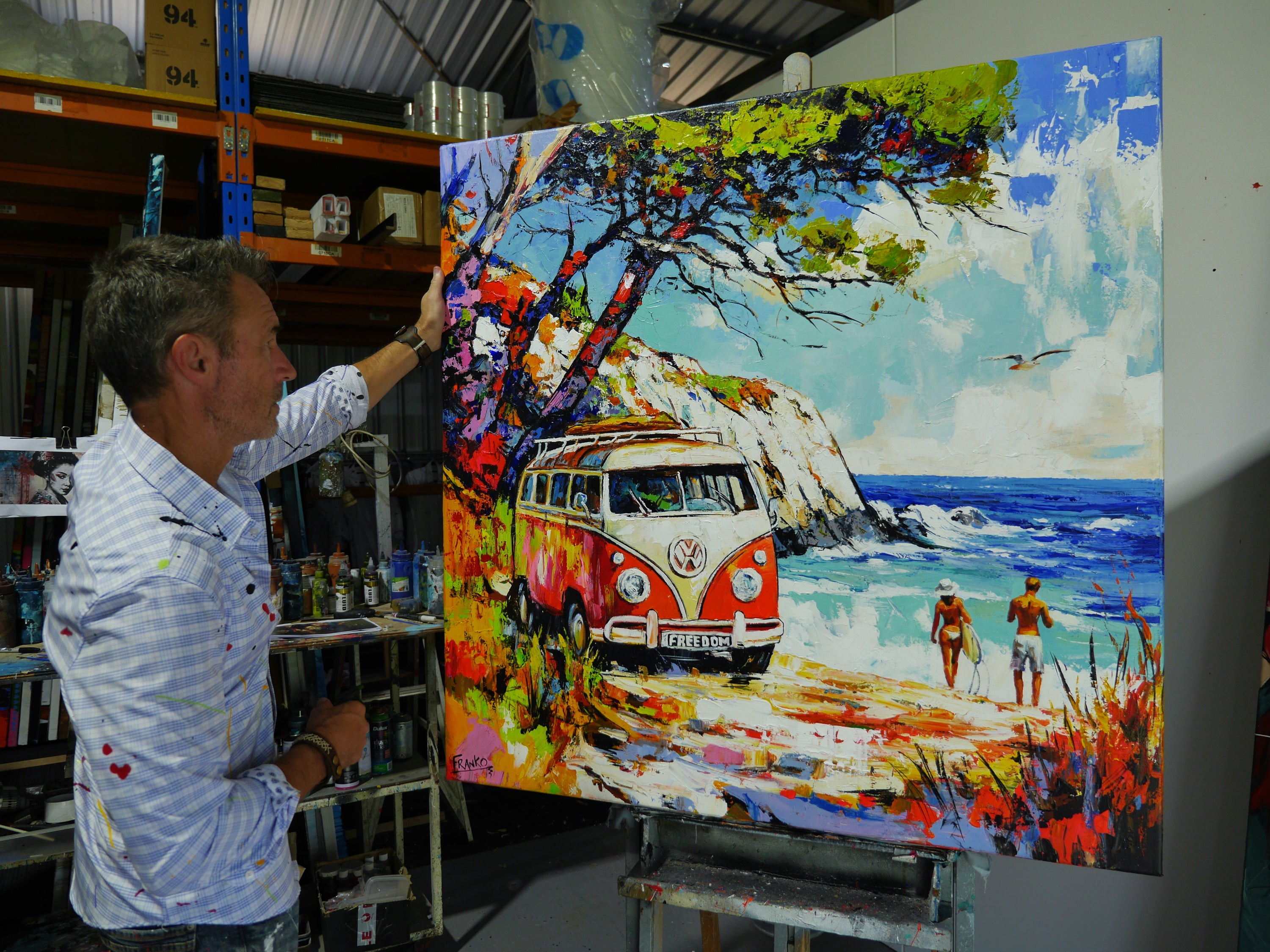 Free Bird 120cm x 120cm Beach Kombi Abstract Realism Framed Textured Painting (SOLD)-Landscape-[Franko_Artist]-[The_Block]-[Dream_Homes]-[ideas]- [Grand_Designs]-Franklin Art Studio