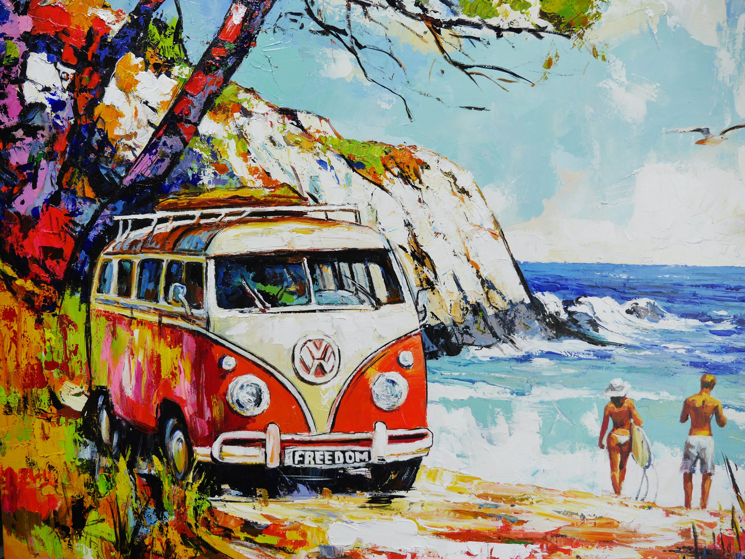Free Bird 120cm x 120cm Beach Kombi Abstract Realism Framed Textured Painting (SOLD)
