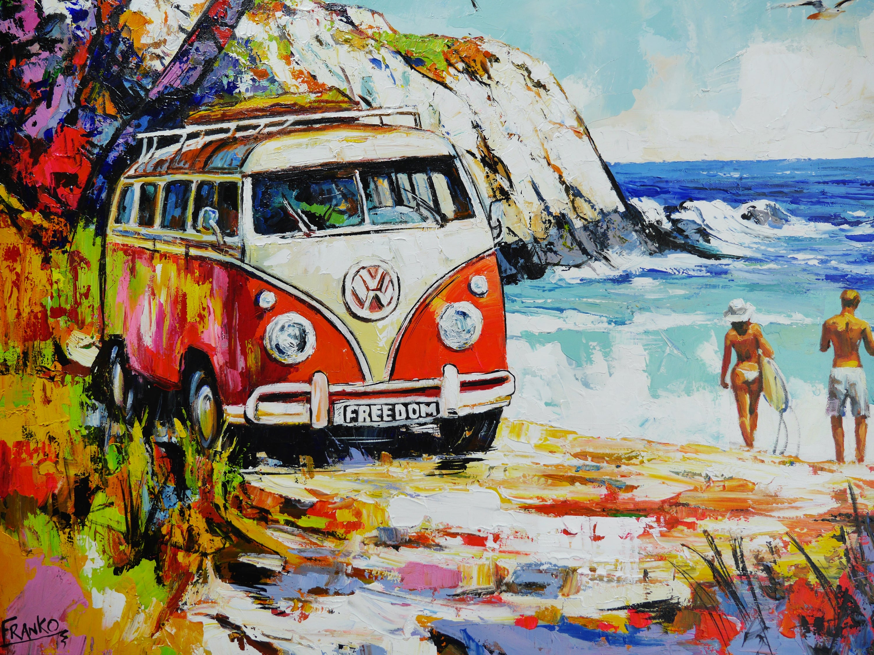 Free Bird 120cm x 120cm Beach Kombi Abstract Realism Framed Textured Painting (SOLD)