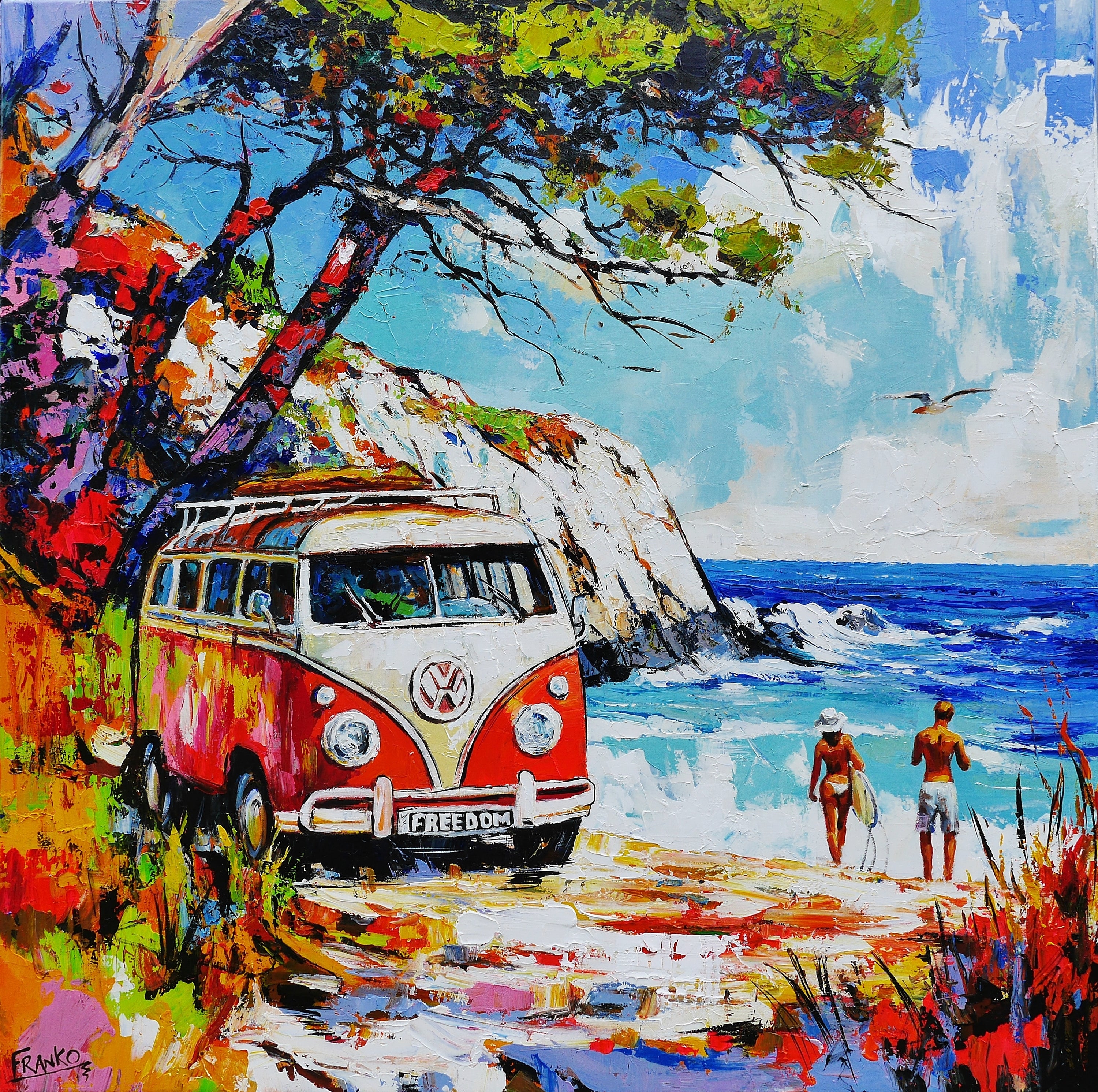 Free Bird 120cm x 120cm Beach Kombi Abstract Realism Framed Textured Painting (SOLD)-Landscape-[Franko_Artist]-[Australian_artist]-[Gold_Coast]-[Brisbane]-[modern]-[contemporary]-[original]-[Large_artwork]-Franklin Art Studio