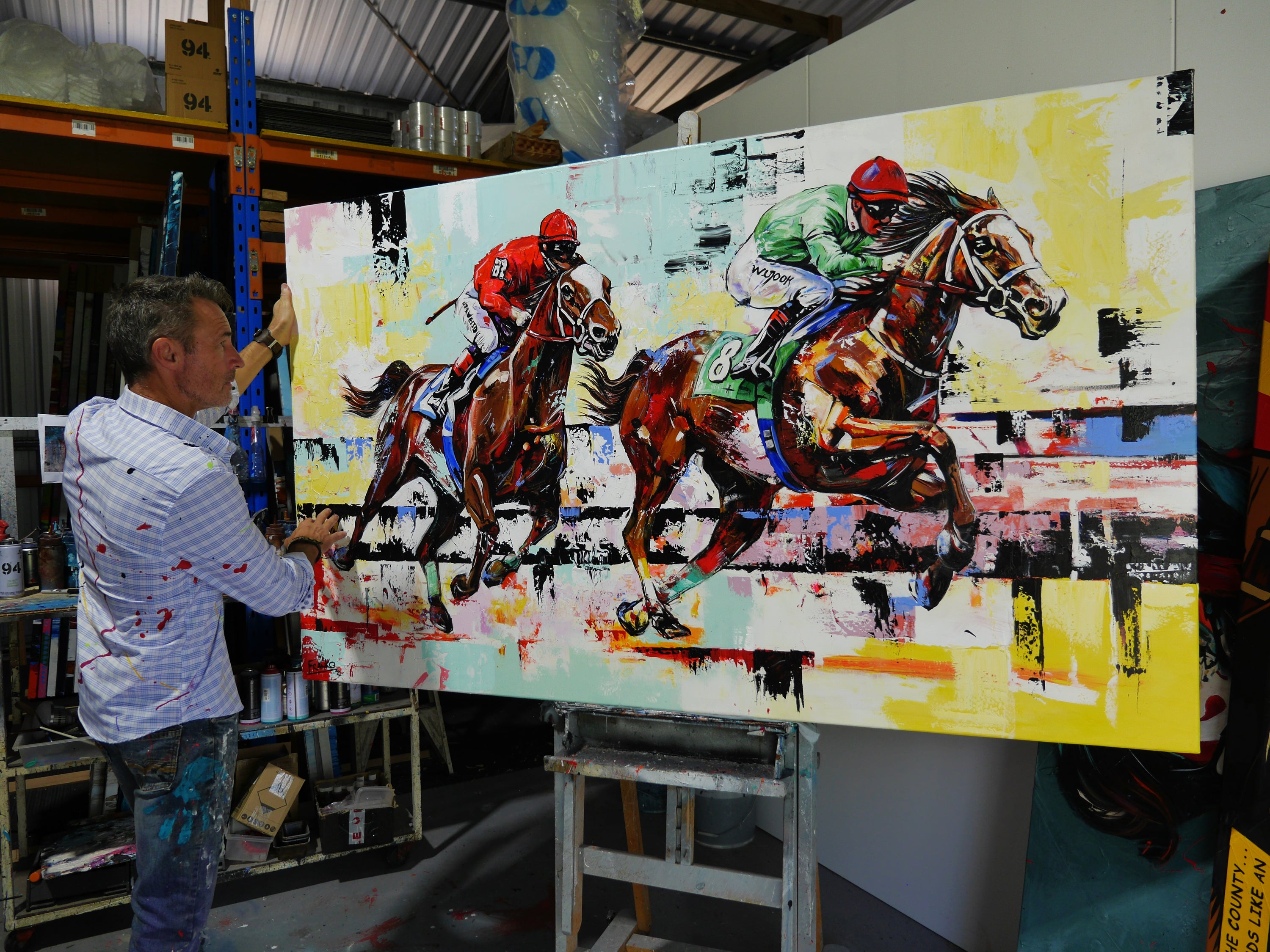The Finish 200cm x 120cm Horse Racing Abstract Realism Framed Textured Painting (SOLD)-abstract realism-[Franko_Artist]-[The_Block]-[Dream_Homes]-[ideas]- [Grand_Designs]-Franklin Art Studio