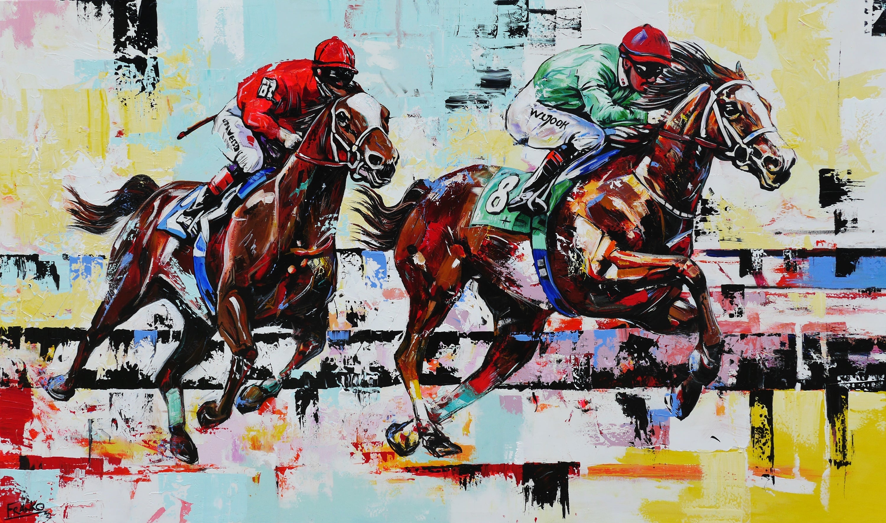 The Finish 200cm x 120cm Horse Racing Abstract Realism Framed Textured Painting (SOLD)-abstract realism-[Franko_Artist]-[Australian_artist]-[Gold_Coast]-[Brisbane]-[modern]-[contemporary]-[original]-[Large_artwork]-Franklin Art Studio