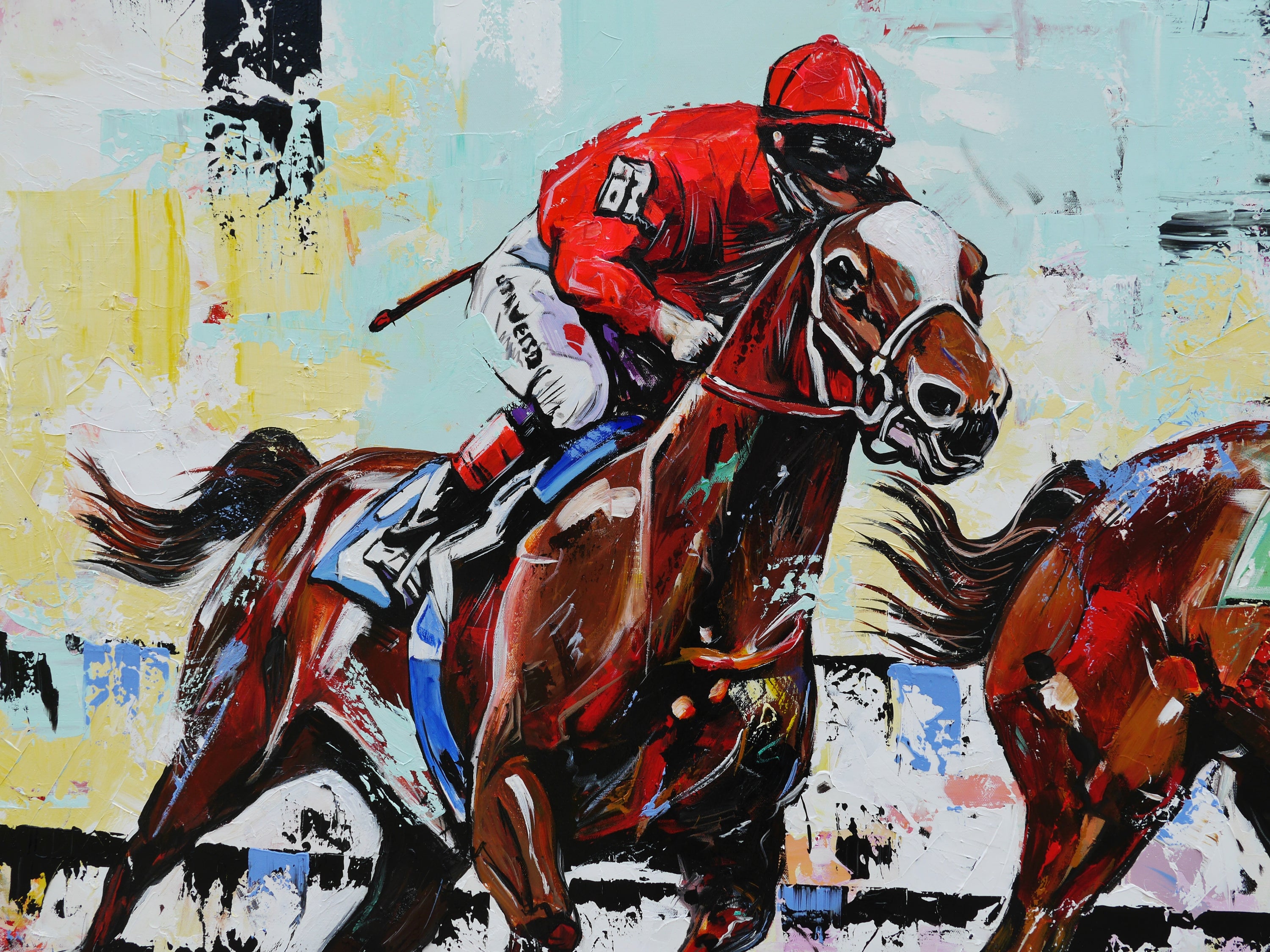 The Finish 200cm x 120cm Horse Racing Abstract Realism Framed Textured Painting (SOLD)