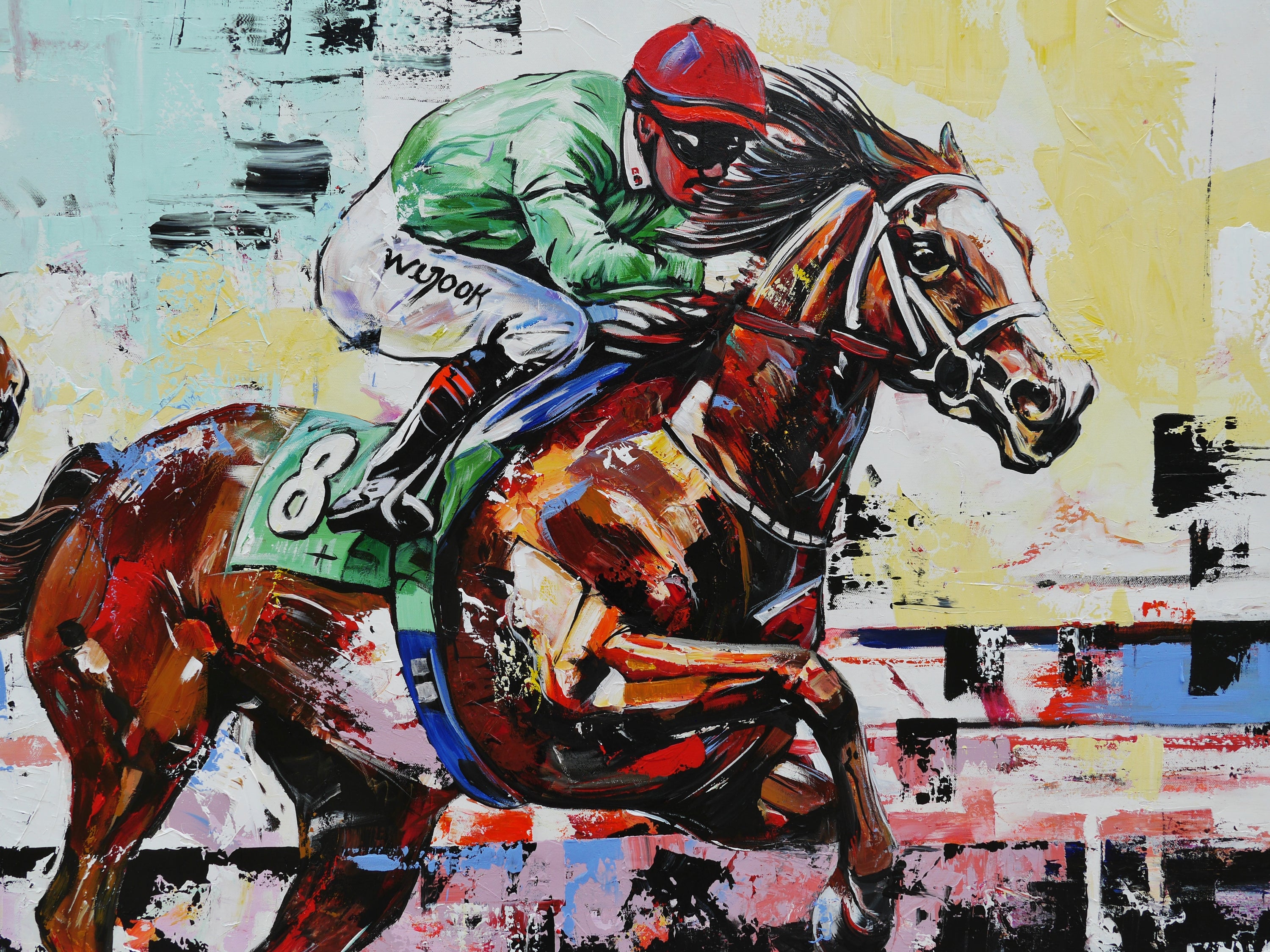 The Finish 200cm x 120cm Horse Racing Abstract Realism Framed Textured Painting (SOLD)