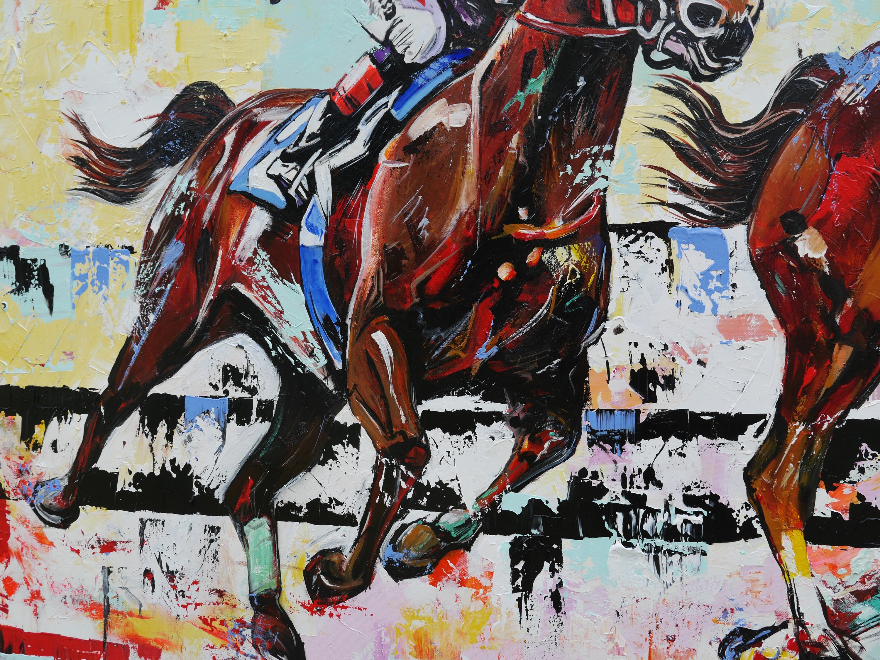 The Finish 200cm x 120cm Horse Racing Abstract Realism Framed Textured Painting (SOLD)