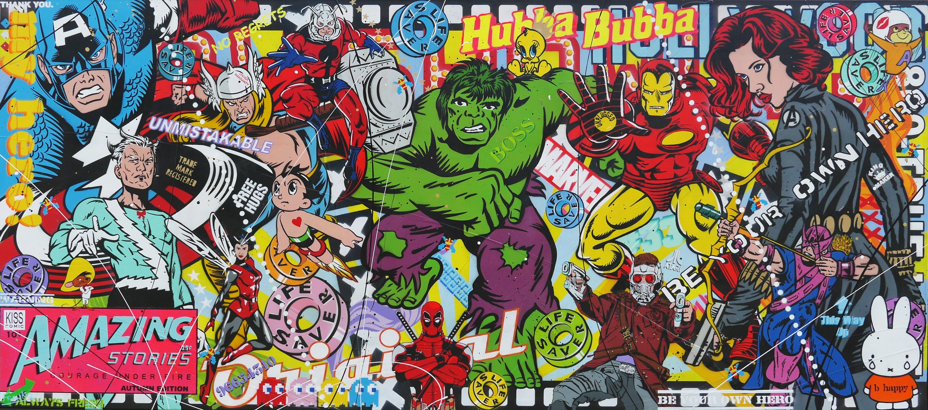 Heroes and More 270cm x 120cm Textured Urban Pop Art Painting (SOLD)-Urban Pop Art-[Franko_Artist]-[Australian_artist]-[Gold_Coast]-[Brisbane]-[modern]-[contemporary]-[original]-[Large_artwork]-Franklin Art Studio
