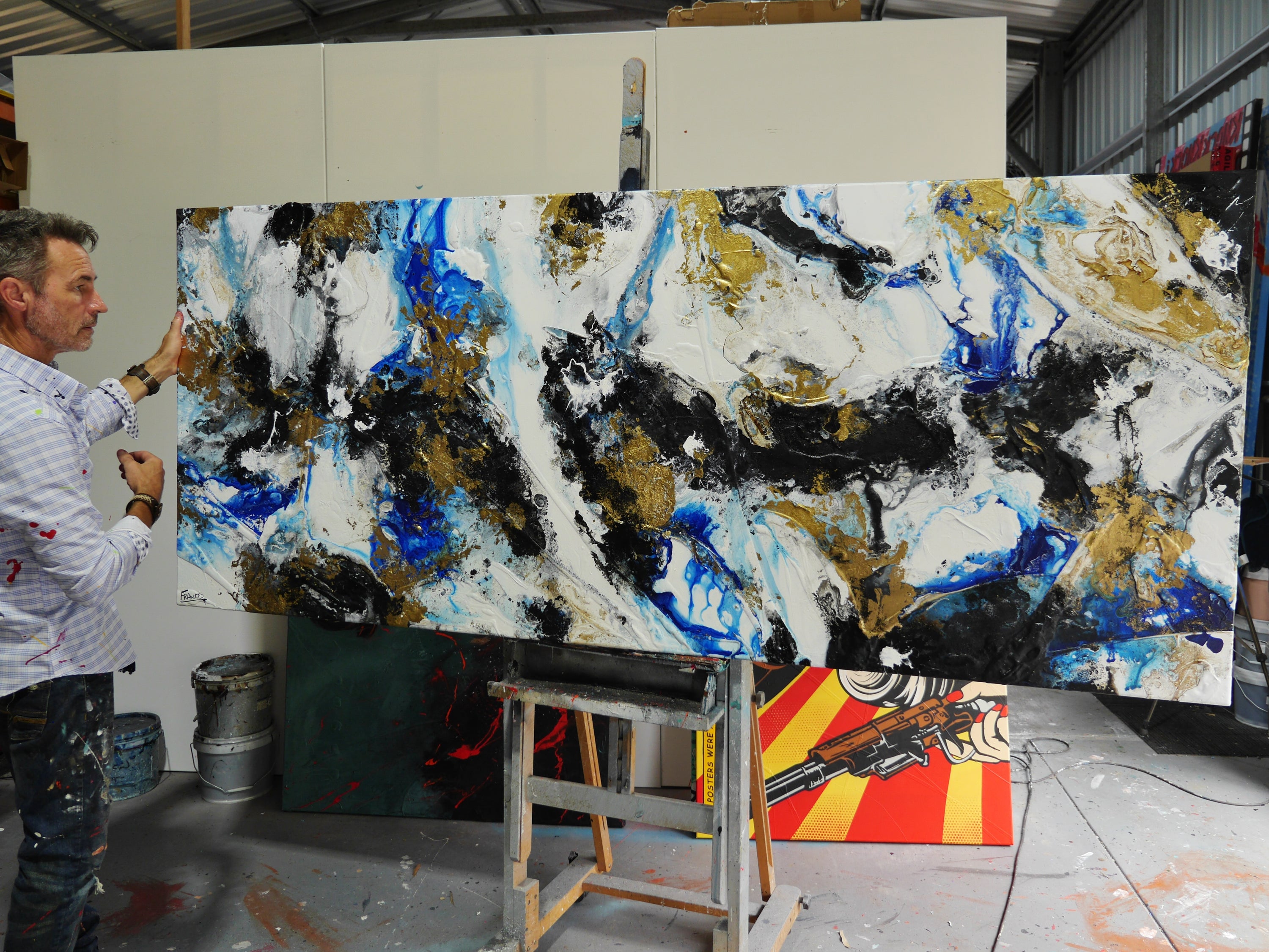 Golden Genesis 240cm x 100cm Blue White Metallic Gold Textured Abstract Painting (SOLD)-Abstract-[Franko_Artist]-[The_Block]-[Dream_Homes]-[ideas]- [Grand_Designs]-Franklin Art Studio