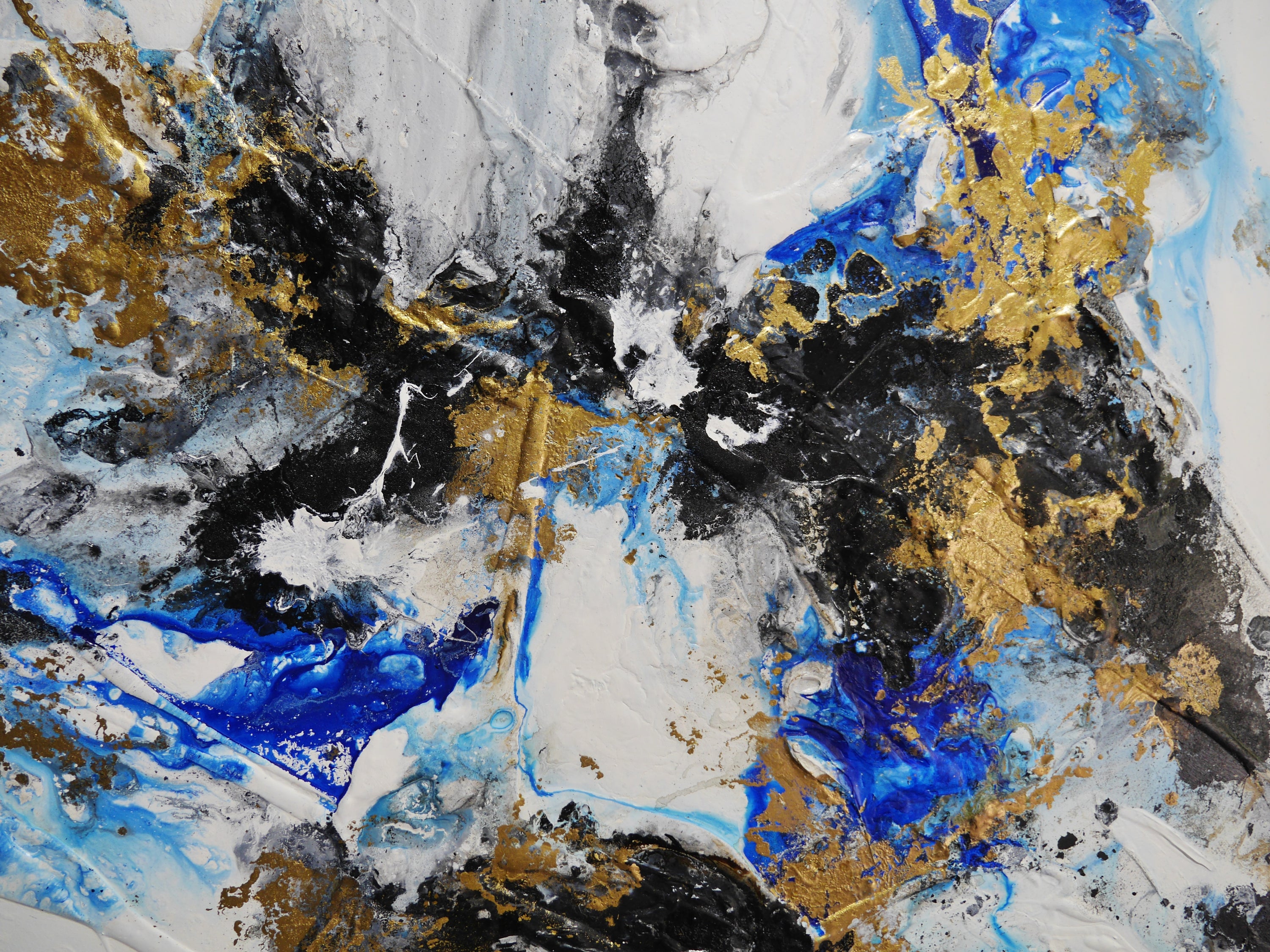 Golden Genesis 240cm x 100cm Blue White Metallic Gold Textured Abstract Painting (SOLD)