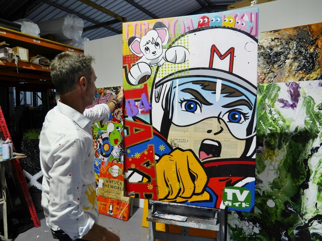 Speeding '84 100cm x 140cm Speed Racer Vintage Urban Pop Book Club Painting (SOLD)-book club-[Franko_Artist]-[The_Block]-[Dream_Homes]-[ideas]- [Grand_Designs]-Franklin Art Studio