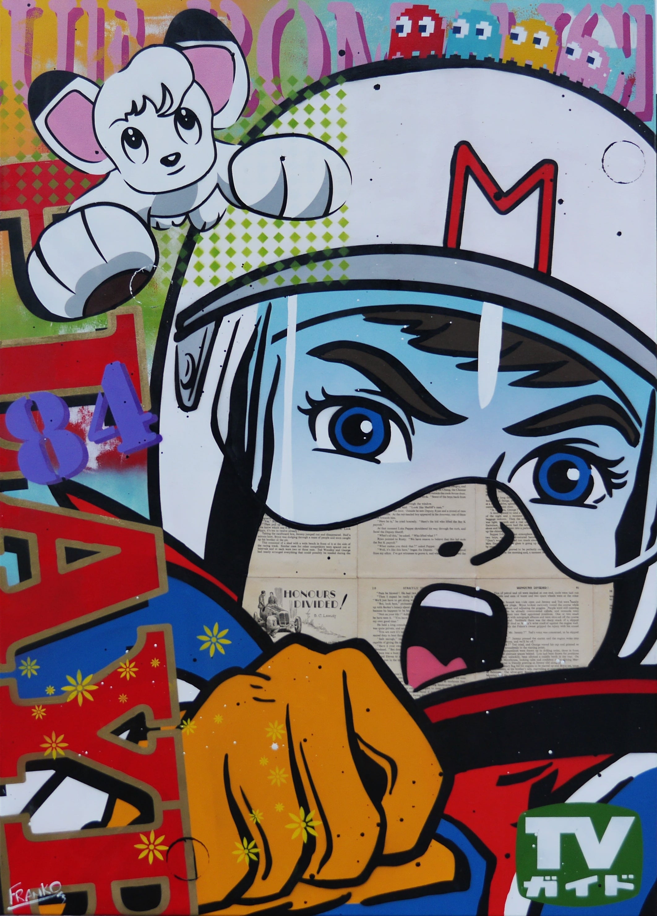 Speeding '84 100cm x 140cm Speed Racer Vintage Urban Pop Book Club Painting (SOLD)-book club-[Franko_Artist]-[Australian_artist]-[Gold_Coast]-[Brisbane]-[modern]-[contemporary]-[original]-[Large_artwork]-Franklin Art Studio