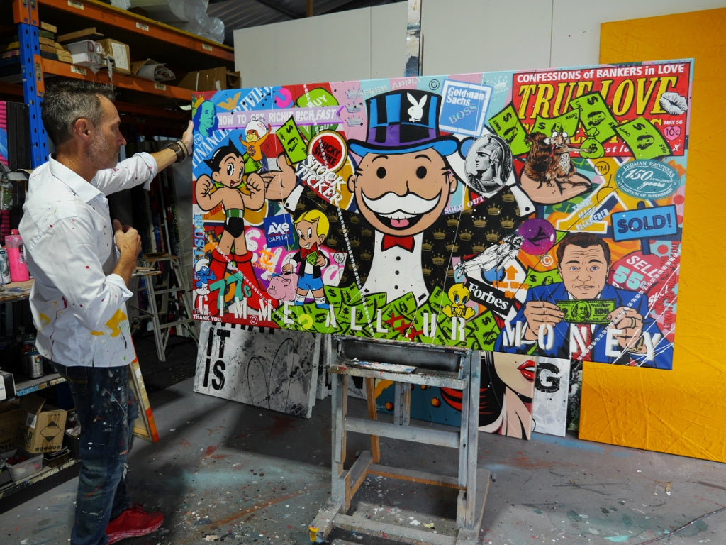 Talking Money 190cm x 100cm Monopoly Man Textured Urban Pop Art Painting (SOLD)-Urban Pop Art-[Franko_Artist]-[The_Block]-[Dream_Homes]-[ideas]- [Grand_Designs]-Franklin Art Studio