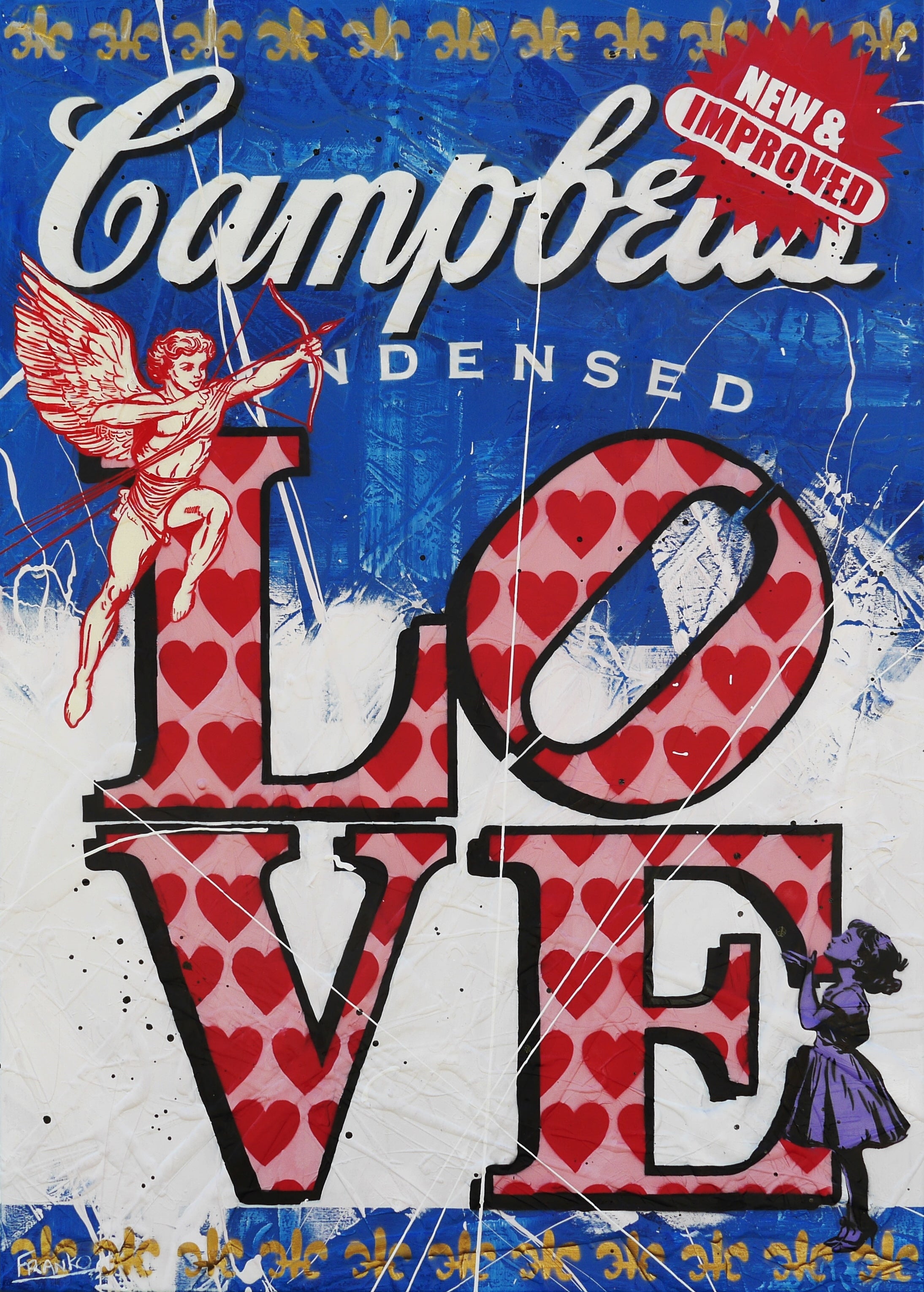 Cupids Love 140cm x 100cm Campbell's Soup Textured Urban Pop Art Painting (SOLD)-Urban Pop Art-[Franko_Artist]-[Australian_artist]-[Gold_Coast]-[Brisbane]-[modern]-[contemporary]-[original]-[Large_artwork]-Franklin Art Studio