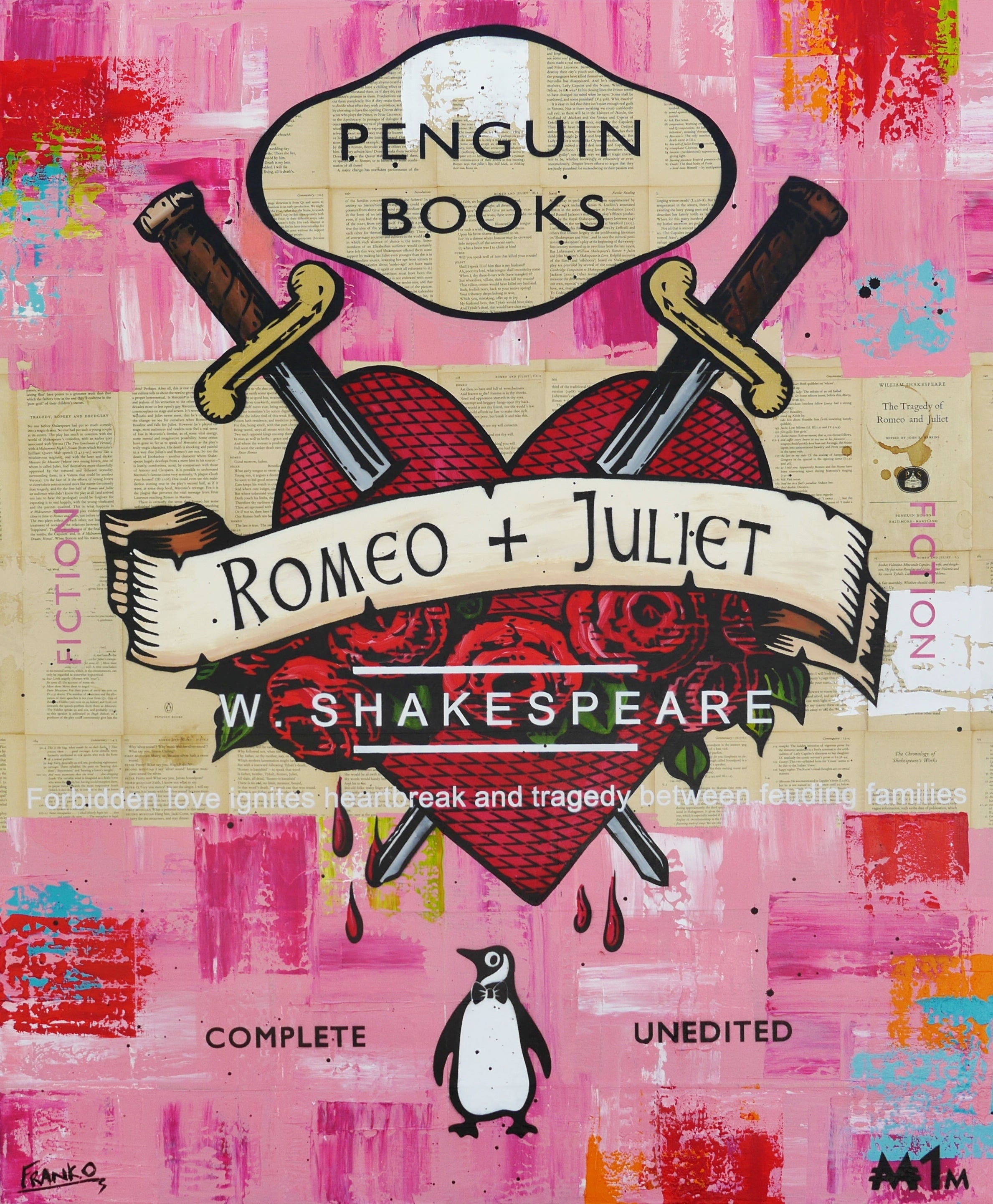 Hearts on Fire 120cm x 100cm Romeo & Juliette Urban Pop Book Club Painting (SOLD)-book club-[Franko_Artist]-[Australian_artist]-[Gold_Coast]-[Brisbane]-[modern]-[contemporary]-[original]-[Large_artwork]-Franklin Art Studio