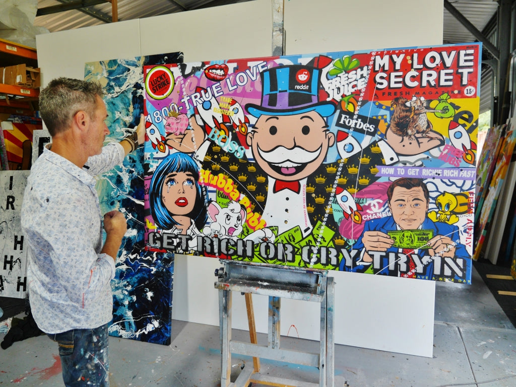 Registered Tears 160cm x 100cm Monopoly Man Textured Urban Pop Art Painting (SOLD)-Urban Pop Art-[Franko_Artist]-[The_Block]-[Dream_Homes]-[ideas]- [Grand_Designs]-Franklin Art Studio