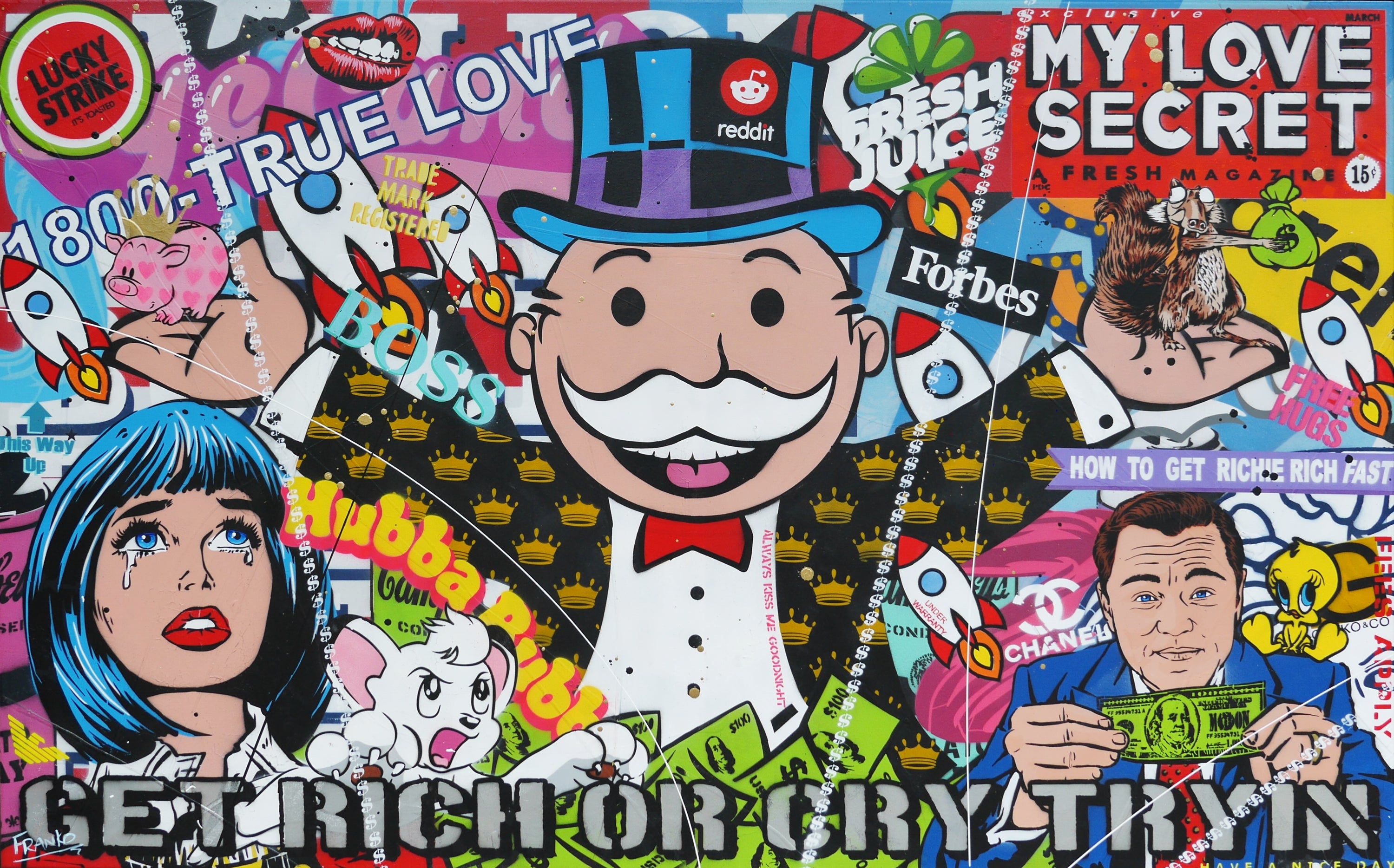 Registered Tears 160cm x 100cm Monopoly Man Textured Urban Pop Art Painting (SOLD)-Urban Pop Art-[Franko_Artist]-[Australian_artist]-[Gold_Coast]-[Brisbane]-[modern]-[contemporary]-[original]-[Large_artwork]-Franklin Art Studio