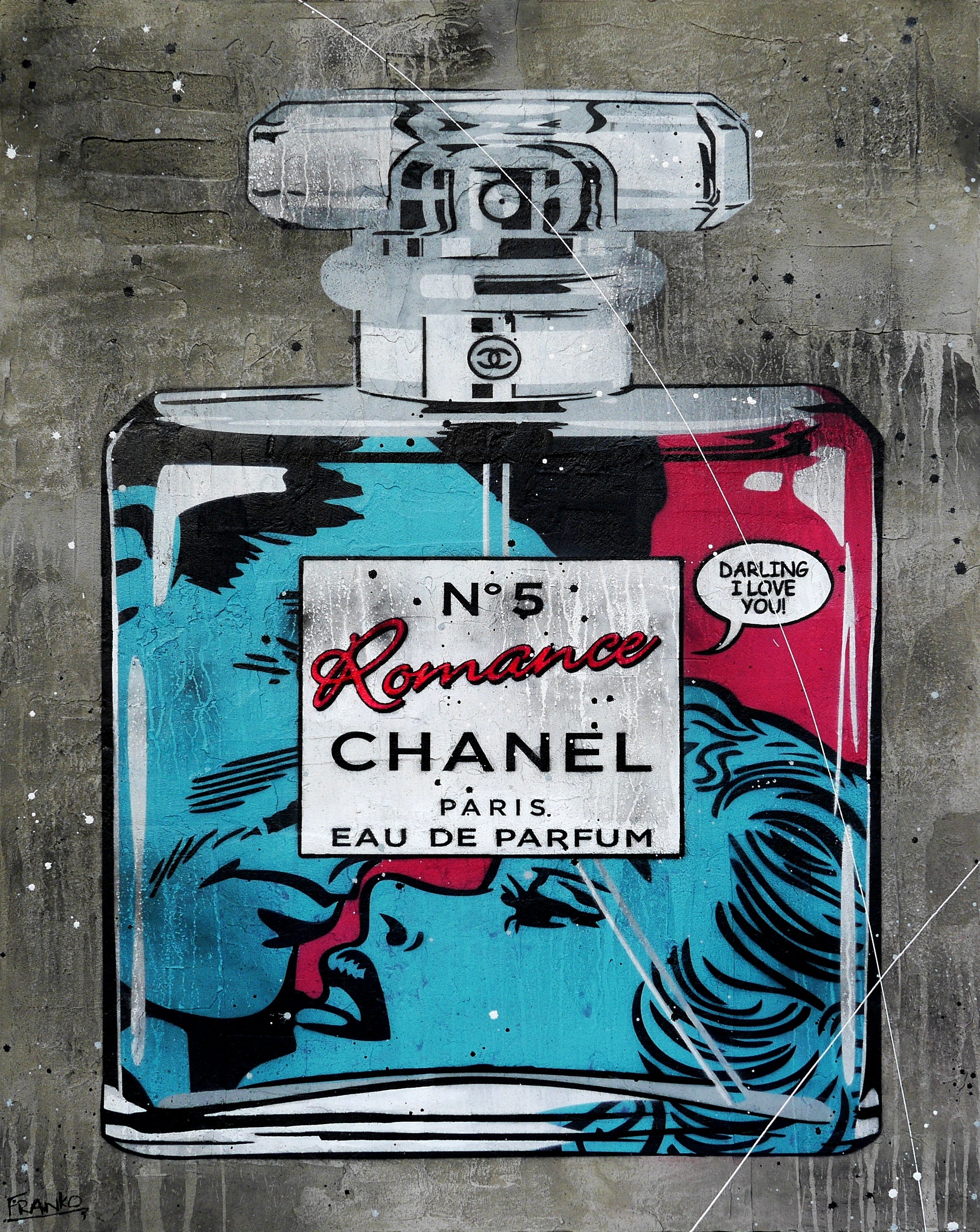 Romance in Paris 120cm x 150cm Perfume Concrete Textured Urban Pop Art Painting-Urban Pop Art-[Franko_Artist]-[Australian_artist]-[Gold_Coast]-[Brisbane]-[modern]-[contemporary]-[original]-[Large_artwork]-Franklin Art Studio