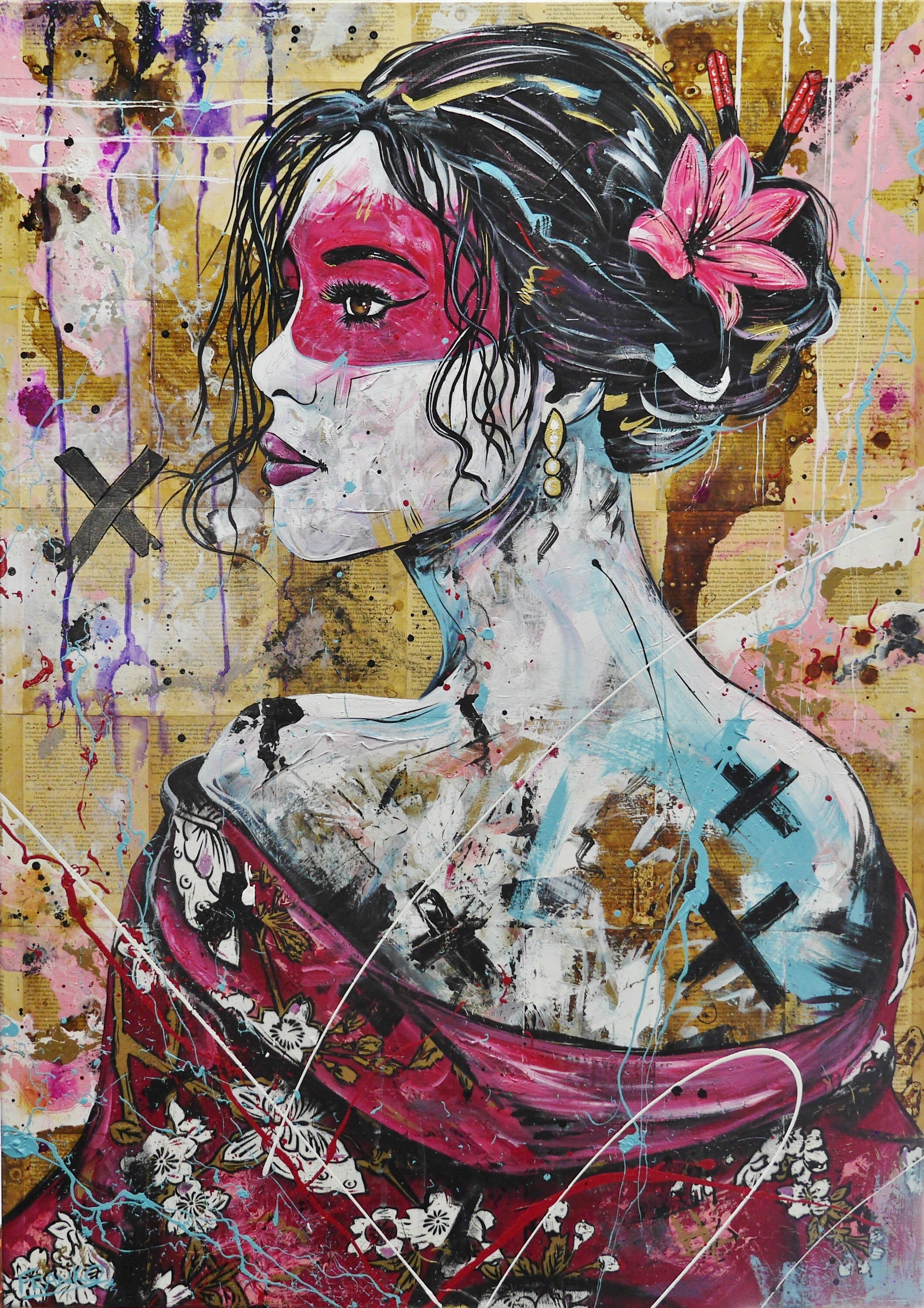 Rubi 100cm x 140cm Geisha Abstract Realism Book Club Painting (SOLD)-book club-[Franko_Artist]-[Australian_artist]-[Gold_Coast]-[Brisbane]-[modern]-[contemporary]-[original]-[Large_artwork]-Franklin Art Studio