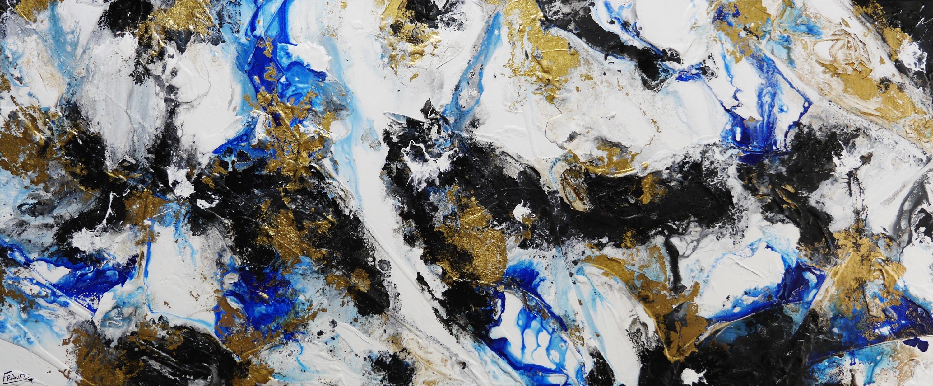Golden Genesis 240cm x 100cm Blue White Metallic Gold Textured Abstract Painting (SOLD)-Abstract-[Franko_Artist]-[Australian_artist]-[Gold_Coast]-[Brisbane]-[modern]-[contemporary]-[original]-[Large_artwork]-Franklin Art Studio