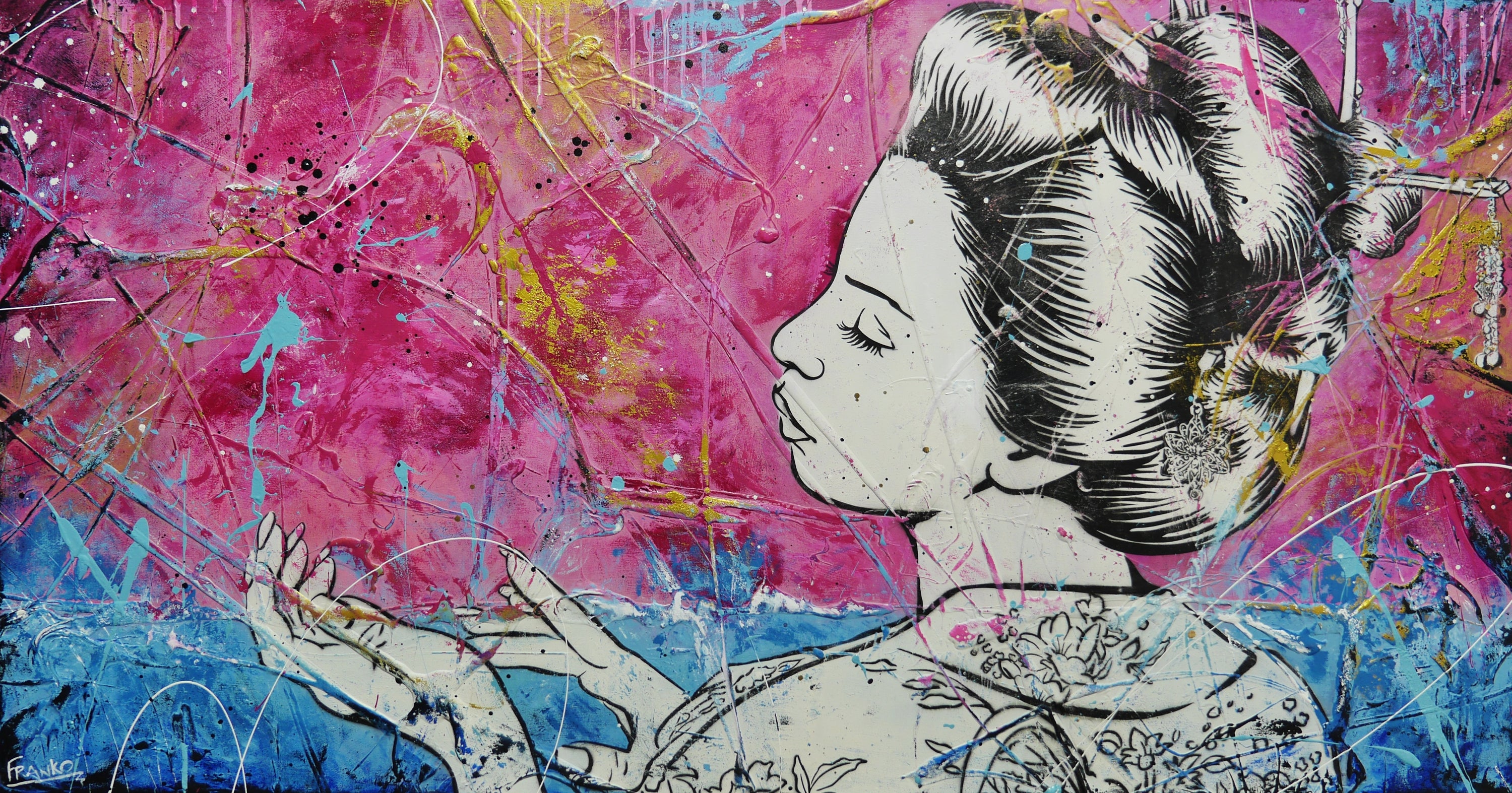 Musk Sunsets 190cm x 100cm Geisha Textured Urban Pop Art Painting-Urban Pop Art-[Franko_Artist]-[Australian_artist]-[Gold_Coast]-[Brisbane]-[modern]-[contemporary]-[original]-[Large_artwork]-Franklin Art Studio