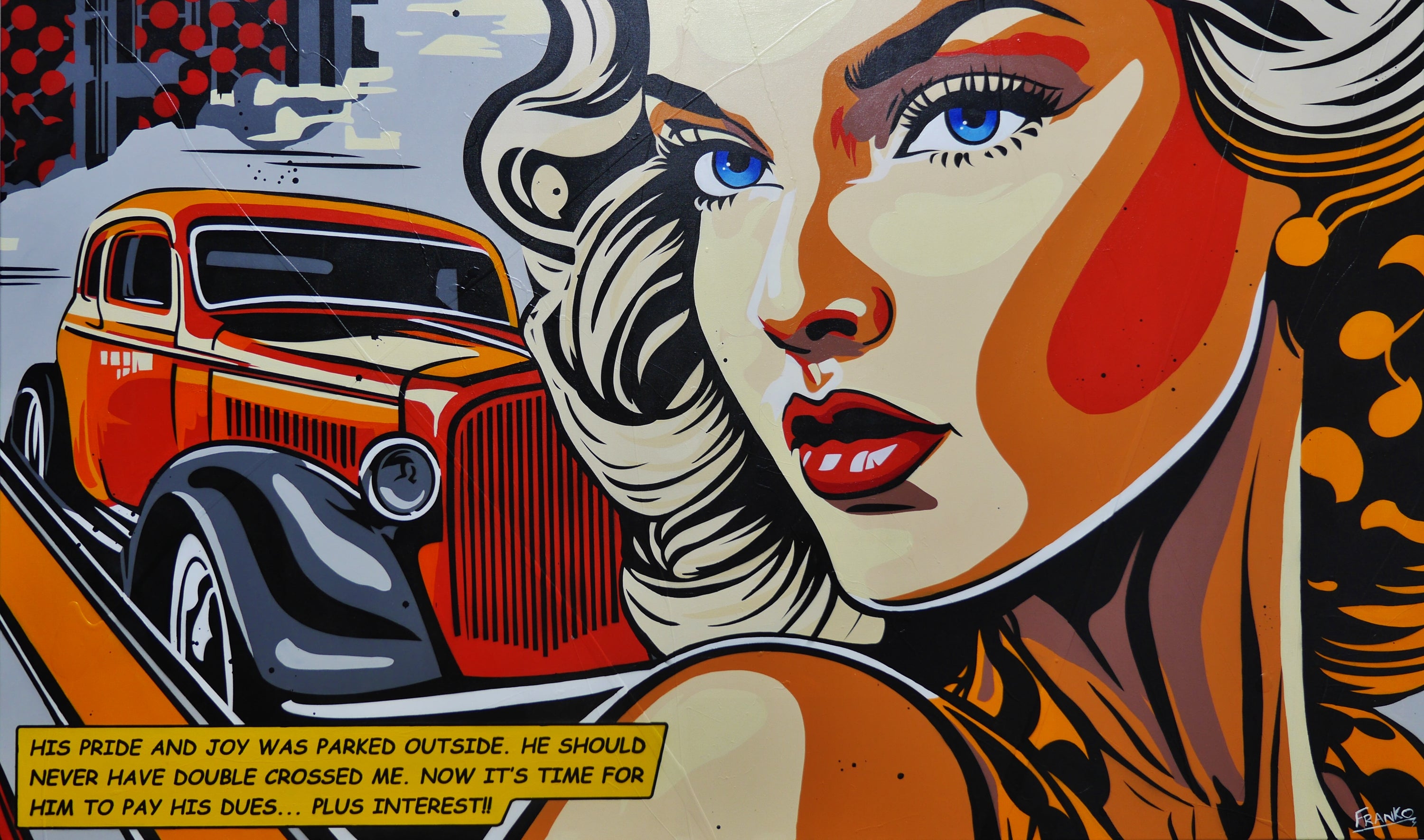 Pride and Joy 200cm x 120cm Car Girl Classic Pop Art Painting (SOLD)-Urban Pop Art-[Franko_Artist]-[Australian_artist]-[Gold_Coast]-[Brisbane]-[modern]-[contemporary]-[original]-[Large_artwork]-Franklin Art Studio