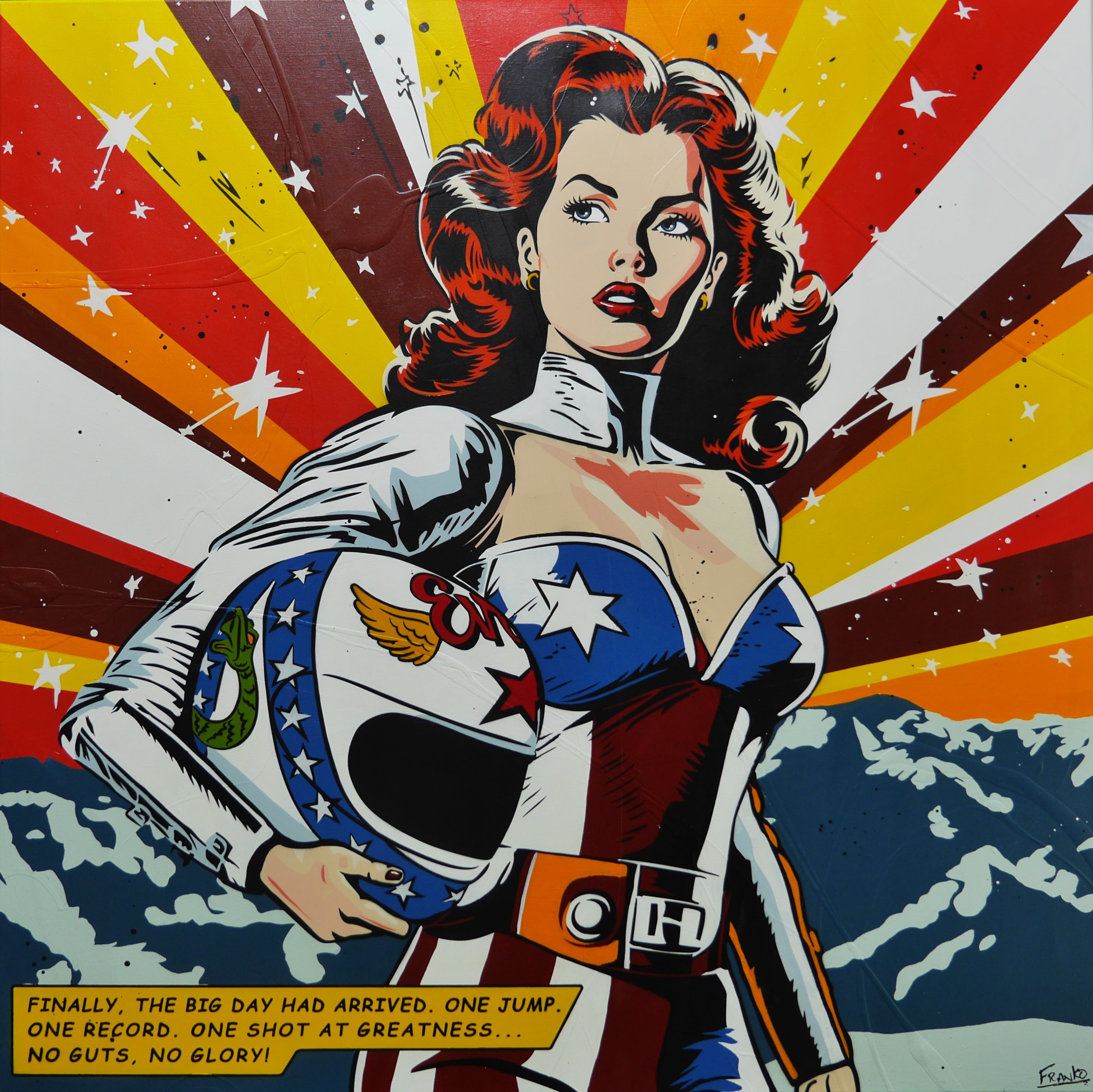 One Record 150cm x 150cm Evel Knievel Stunt Devil Textured Classic Pop Art Painting-Urban Pop Art-[Franko_Artist]-[Australian_artist]-[Gold_Coast]-[Brisbane]-[modern]-[contemporary]-[original]-[Large_artwork]-Franklin Art Studio