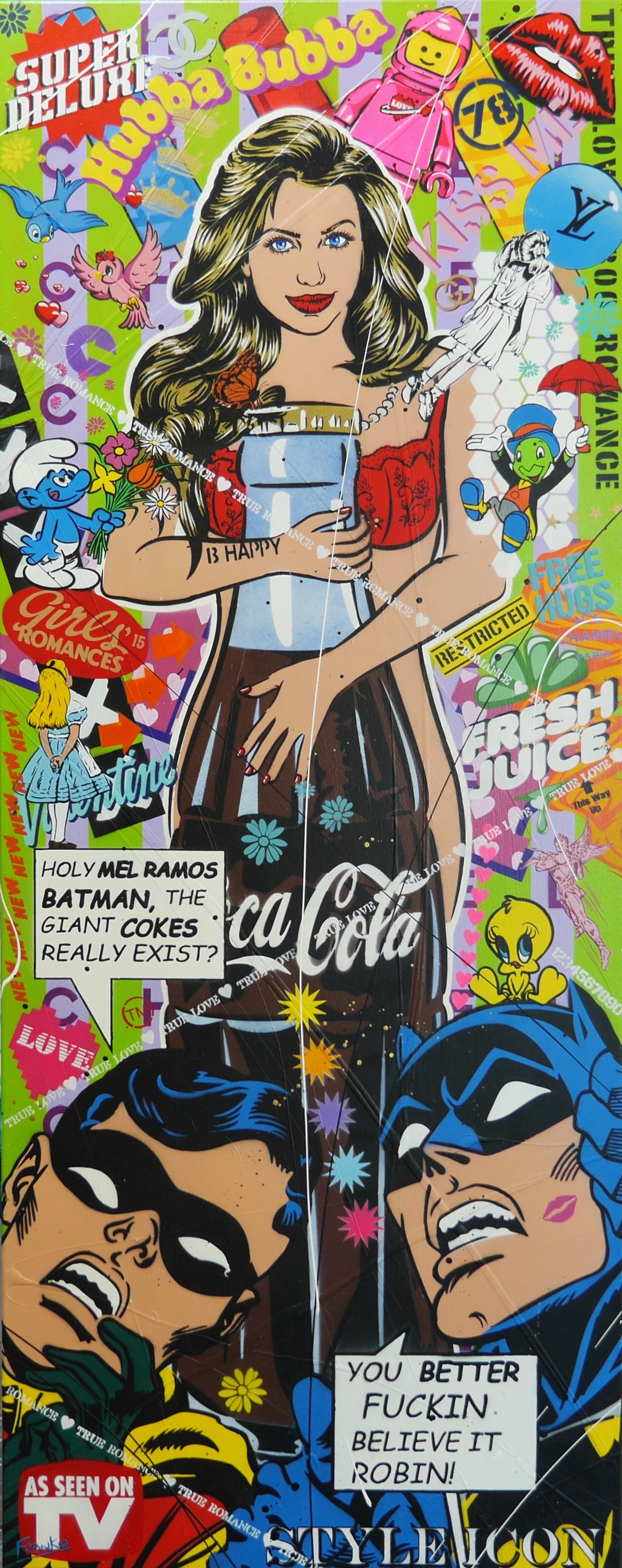Hubba Bubba Babe 200cm x 80cm Textured Urban Pop Art Painting (SOLD)-Urban Pop Art-[Franko_Artist]-[Australian_artist]-[Gold_Coast]-[Brisbane]-[modern]-[contemporary]-[original]-[Large_artwork]-Franklin Art Studio
