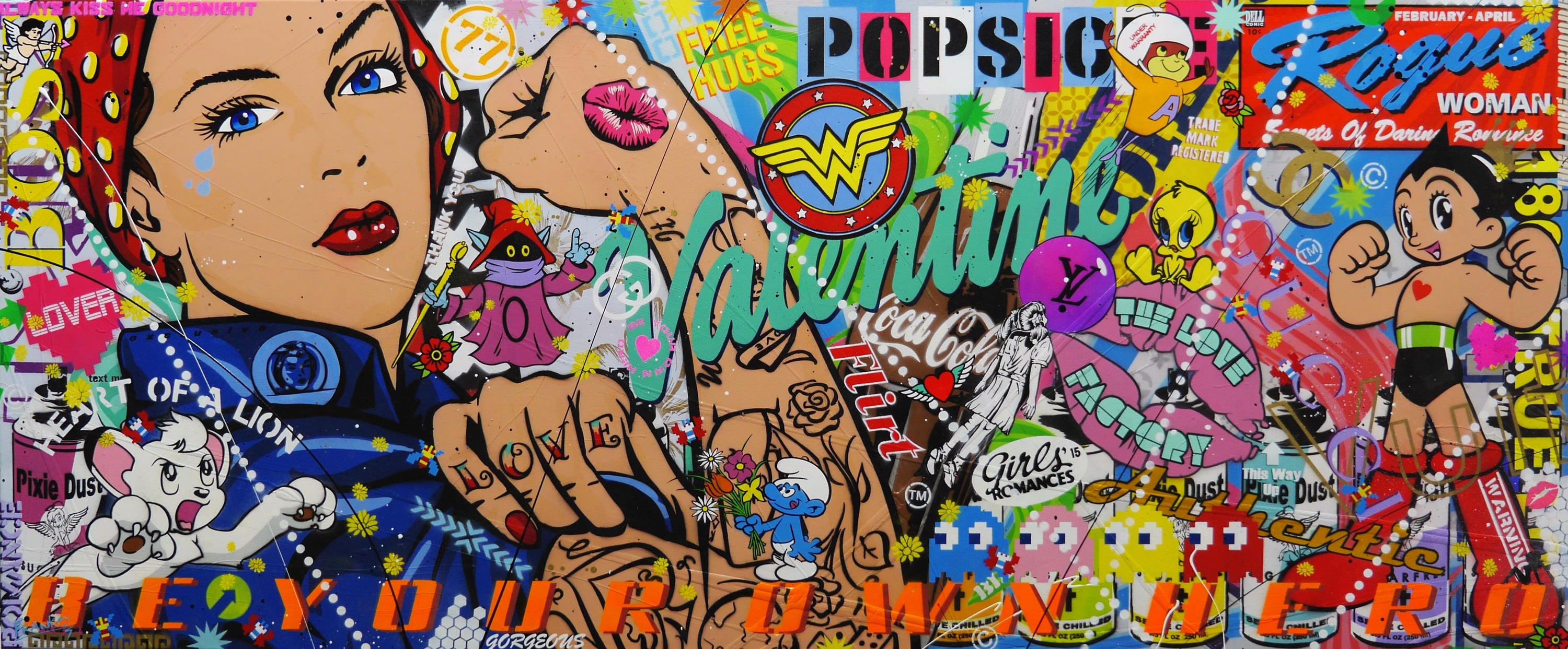 Rosie Valentine 240cm x 100cm Rosie the Riveter Textured Urban Pop Art Painting (SOLD)-Urban Pop Art-[Franko_Artist]-[Australian_artist]-[Gold_Coast]-[Brisbane]-[modern]-[contemporary]-[original]-[Large_artwork]-Franklin Art Studio