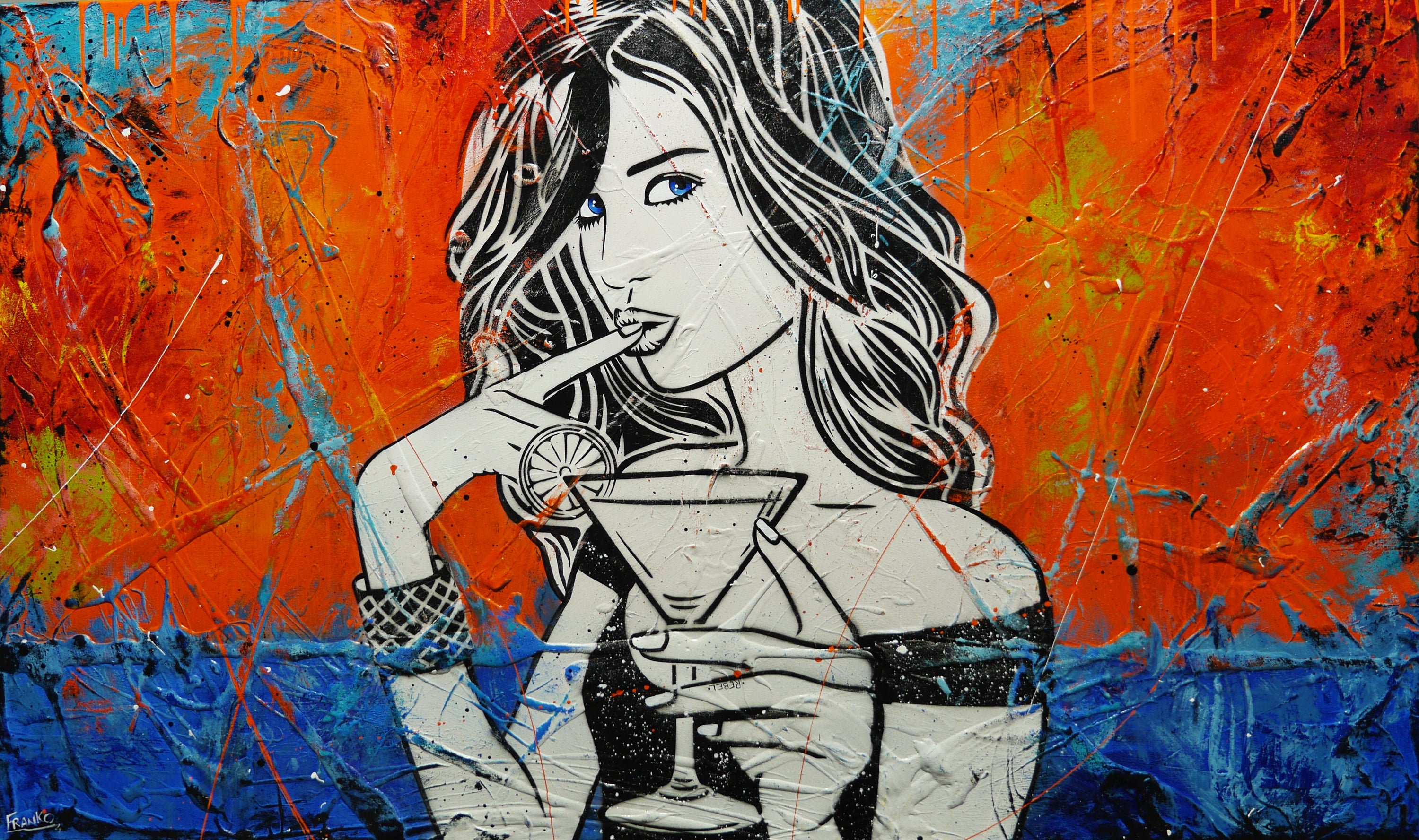 Ravishing 200cm x 120cm Cocktail Girl Textured Urban Pop Art Painting-Urban Pop Art-[Franko_Artist]-[Australian_artist]-[Gold_Coast]-[Brisbane]-[modern]-[contemporary]-[original]-[Large_artwork]-Franklin Art Studio