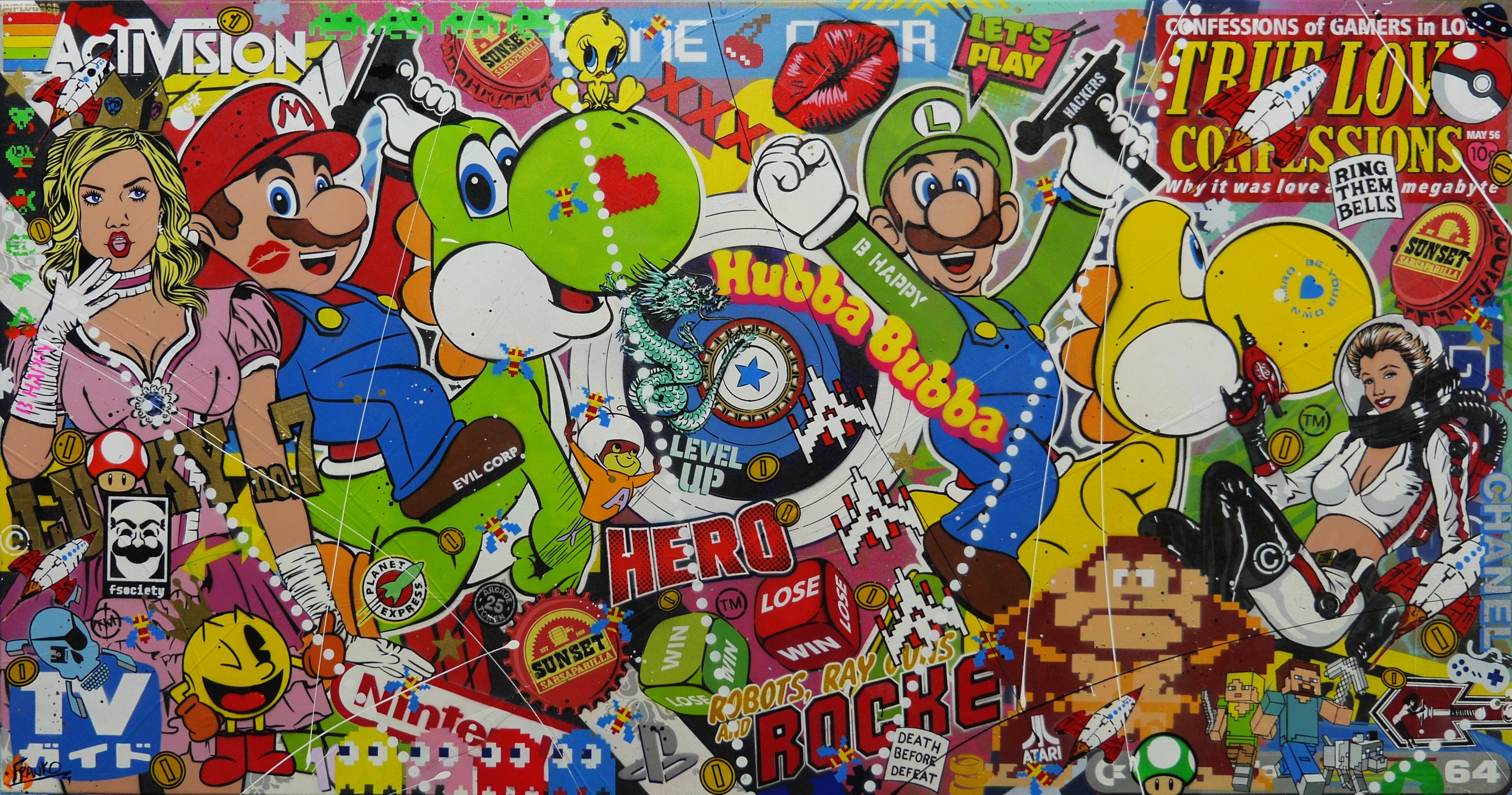 Level Up 190cm x 100cm Mario Brothers Textured Urban Pop Art Painting-Urban Pop Art-[Franko_Artist]-[Australian_artist]-[Gold_Coast]-[Brisbane]-[modern]-[contemporary]-[original]-[Large_artwork]-Franklin Art Studio