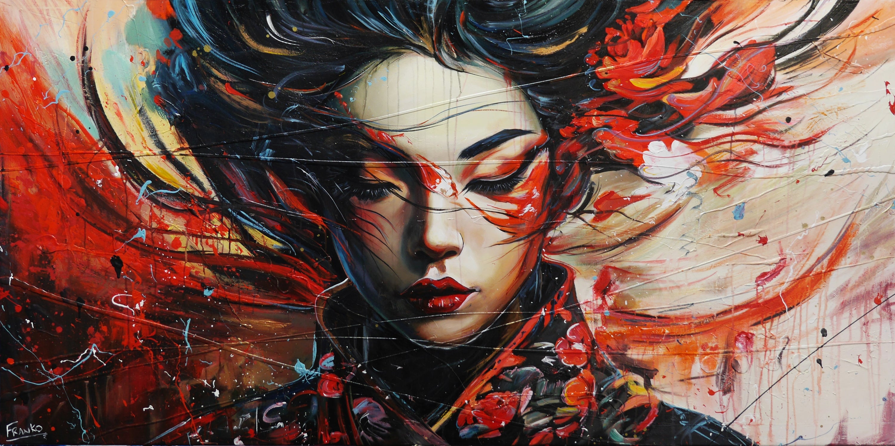 Hotaru 200cm x 100cm Brave and Beautiful Abstract Realism Textured Painting Floater Frame Inc. (SOLD)-people-[Franko_Artist]-[Australian_artist]-[Gold_Coast]-[Brisbane]-[modern]-[contemporary]-[original]-[Large_artwork]-Franklin Art Studio