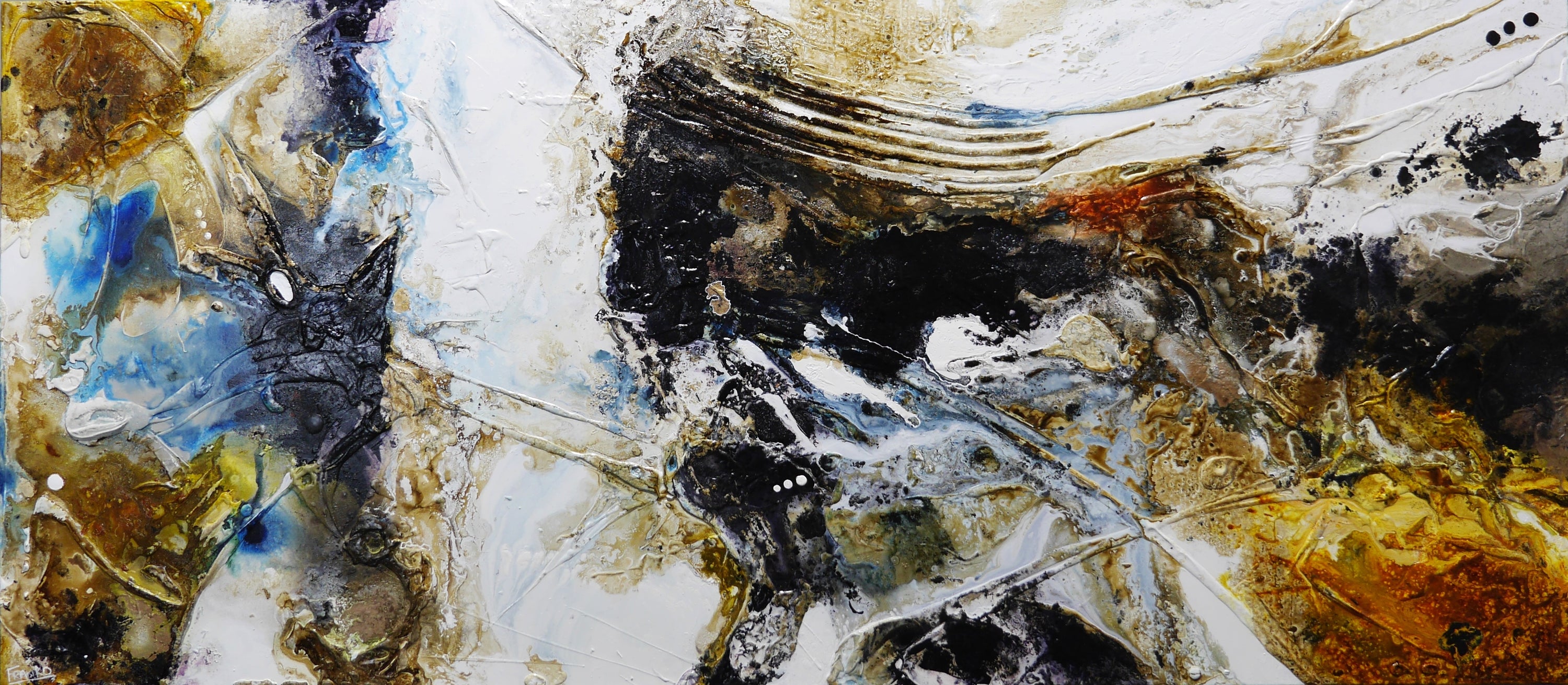 Witches Verge 270cm x 120cm White Rust Blue Ochre Textured Abstract Painting (SOLD)-Abstract-[Franko_Artist]-[Australian_artist]-[Gold_Coast]-[Brisbane]-[modern]-[contemporary]-[original]-[Large_artwork]-Franklin Art Studio