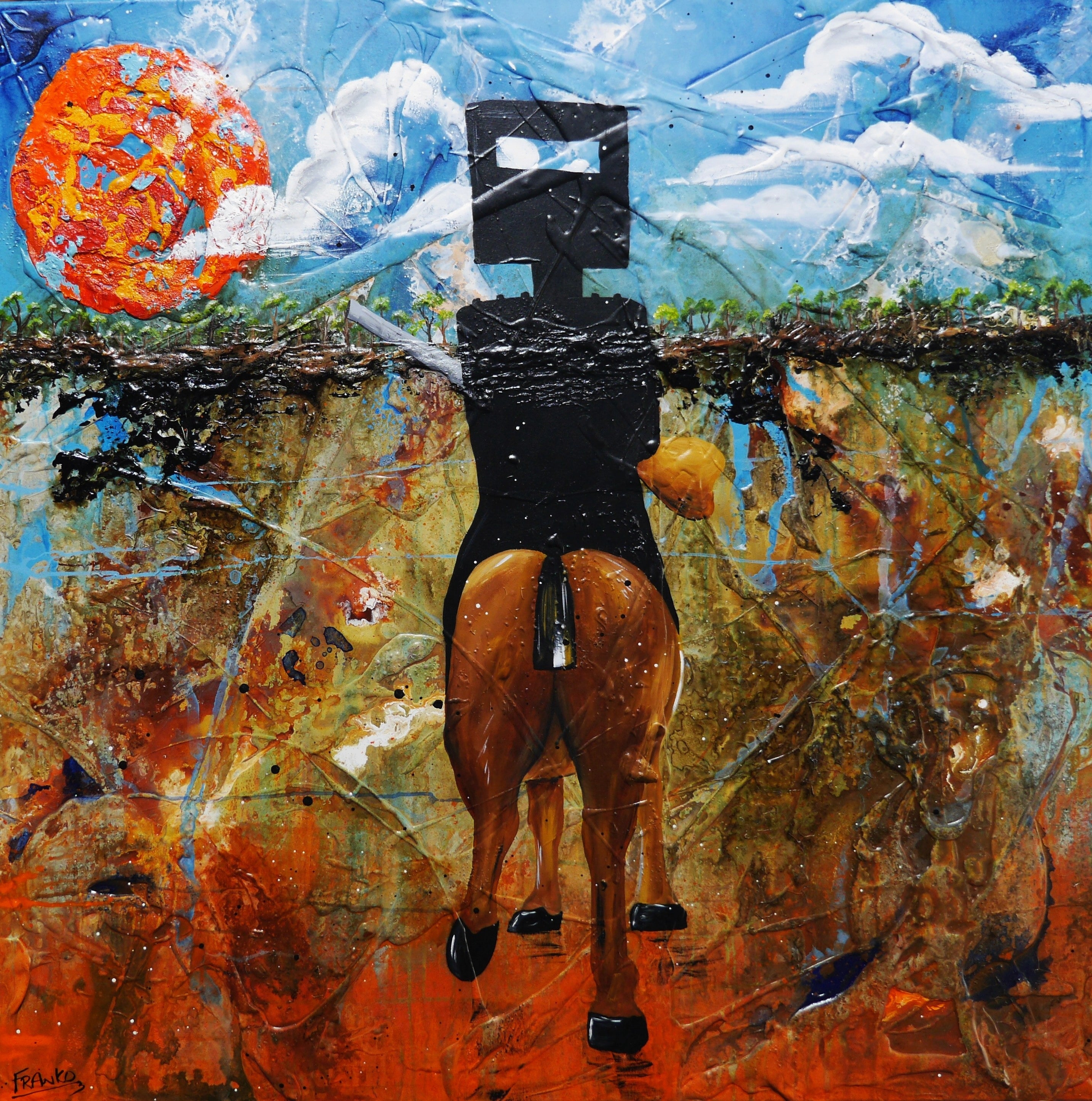 Solo Rider Ned 120cm x 120cm Ned Kelly Textured Abstract Painting-Abstract-[Franko_Artist]-[Australian_artist]-[Gold_Coast]-[Brisbane]-[modern]-[contemporary]-[original]-[Large_artwork]-Franklin Art Studio