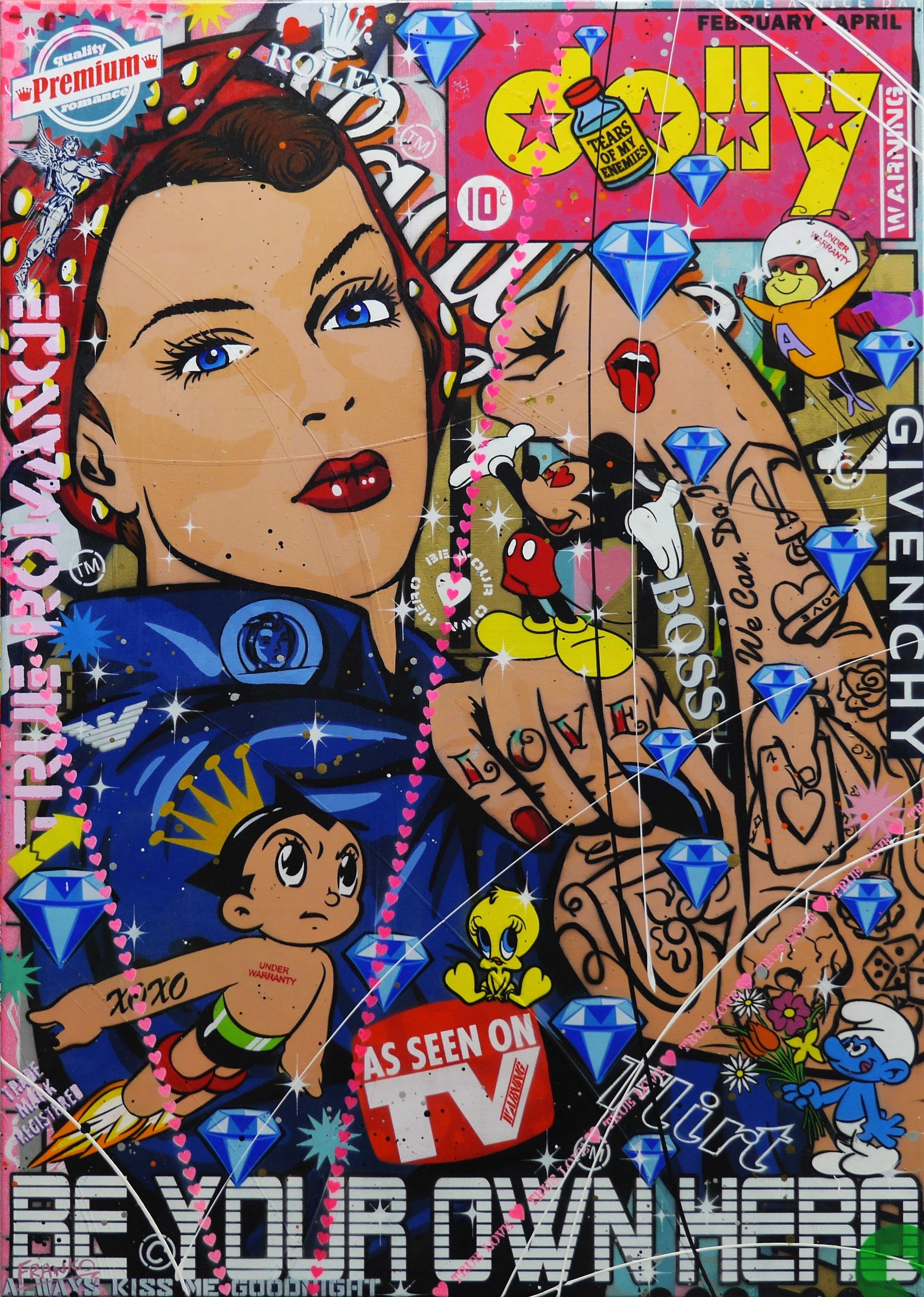 Dolly Rosie 140cm x 100cm Textured Urban Pop Art Painting-Urban Pop Art-[Franko_Artist]-[Australian_artist]-[Gold_Coast]-[Brisbane]-[modern]-[contemporary]-[original]-[Large_artwork]-Franklin Art Studio