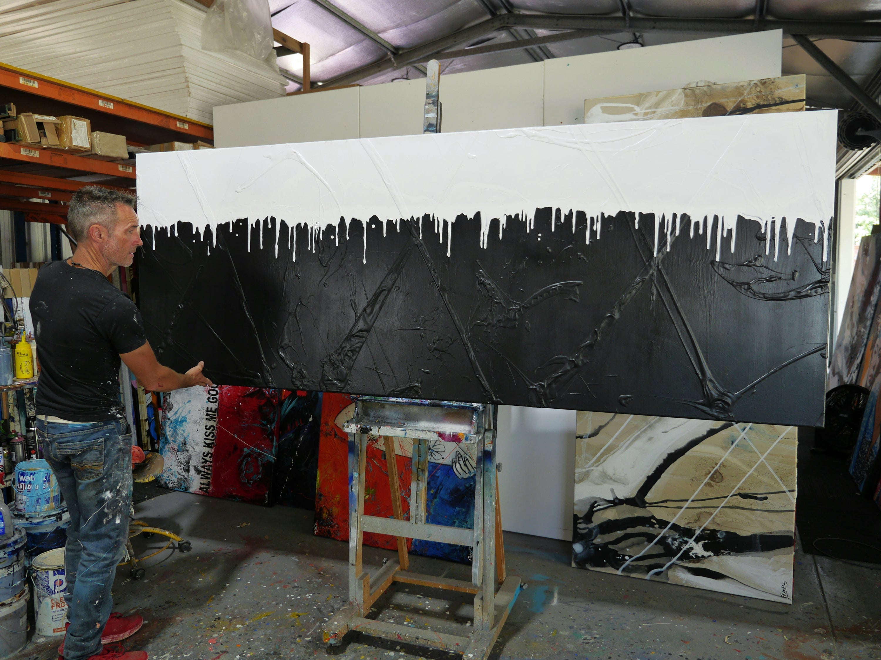 Whippy 270cm x 100cm Black and White Textured Abstract Painting