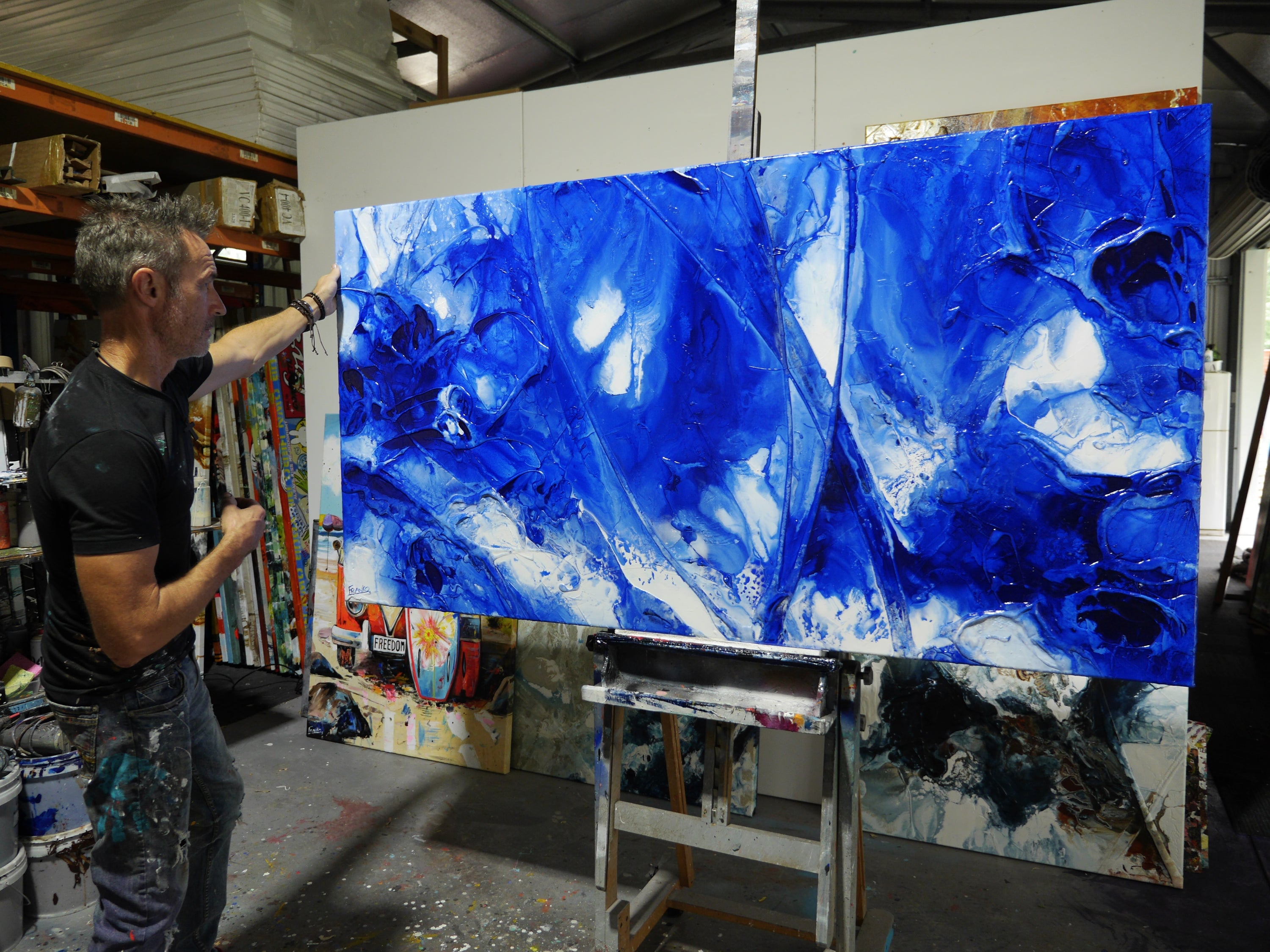 Precious 190cm x 100cm Blue White Ink Textured Abstract Painting