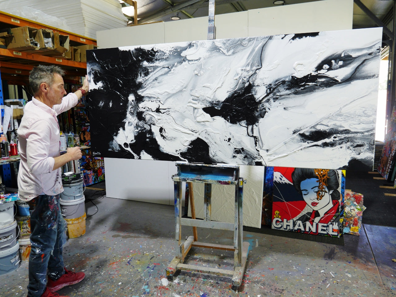 Iced Sambuca 240cm x 100cm Black and White Textured Abstract Painting