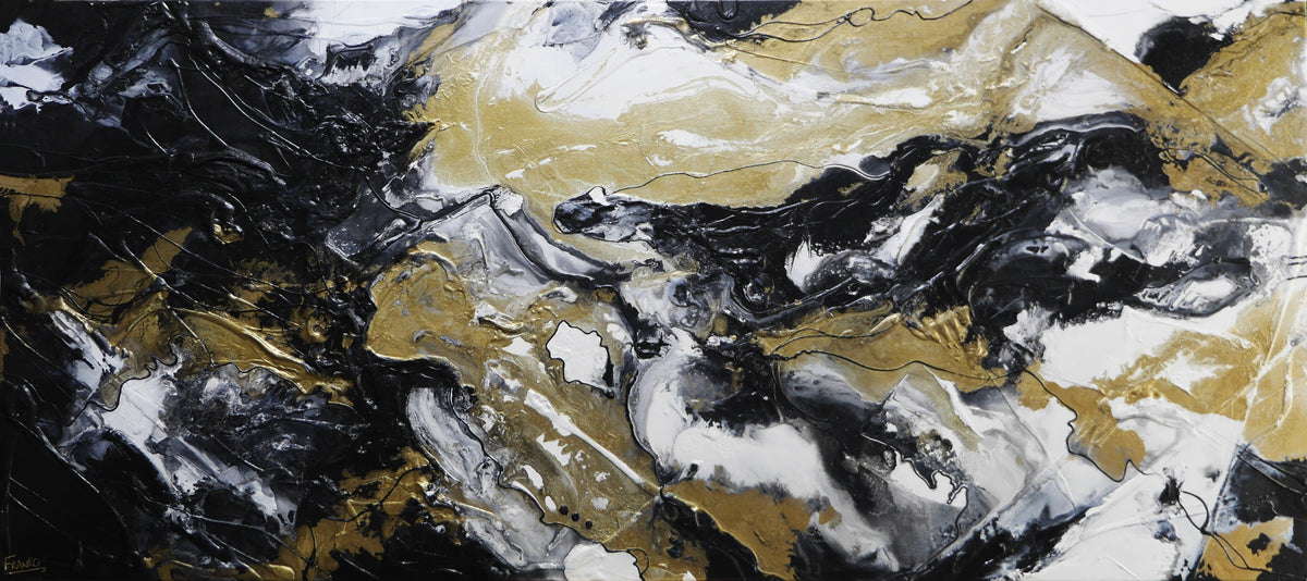 Slated Ransom 270cm x 120cm Black Gold White Textured Abstract Painting
