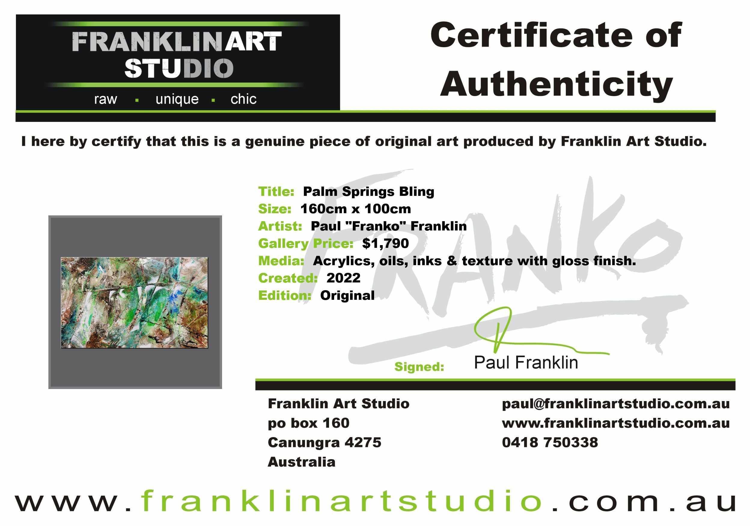 Palm Springs Bling 160cm x 100cm Green Rust Textured Abstract Painting (SOLD)-Abstract-[Franko_Artist]-[The_Block]-[Dream_Homes]-[ideas]-[Grand_Designs]-[Art_Lover]-Franklin Art Studio